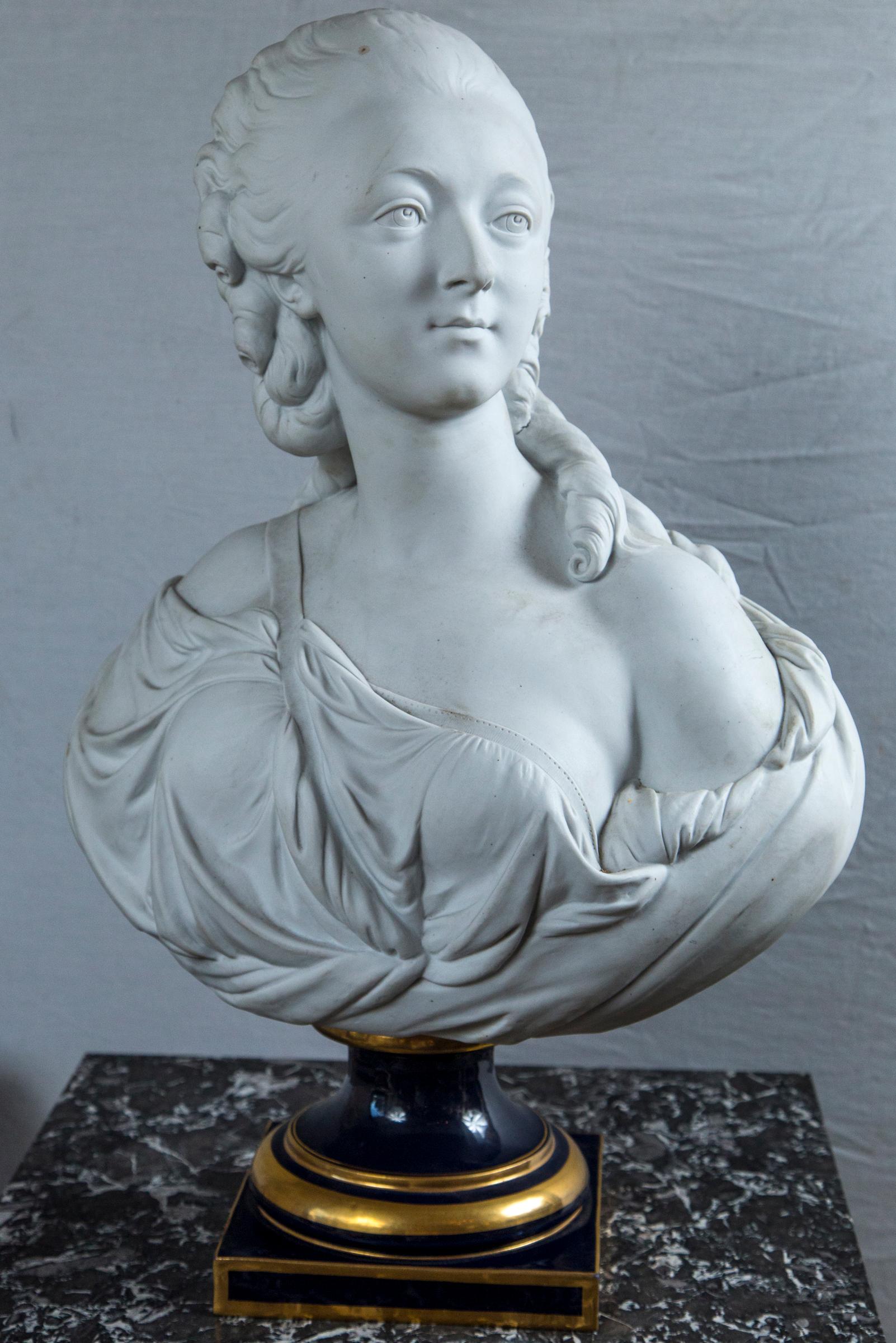 Beautifully modeled unglazed porcelain bust on a cobalt blue and gold porcelain socle
Impressed on the back is PORTRAIT DE MADAME LA COMTESSE DUBARY
There is a Sevres mark impressed on the bottom of the socle. It is unsigned by the artist.
The