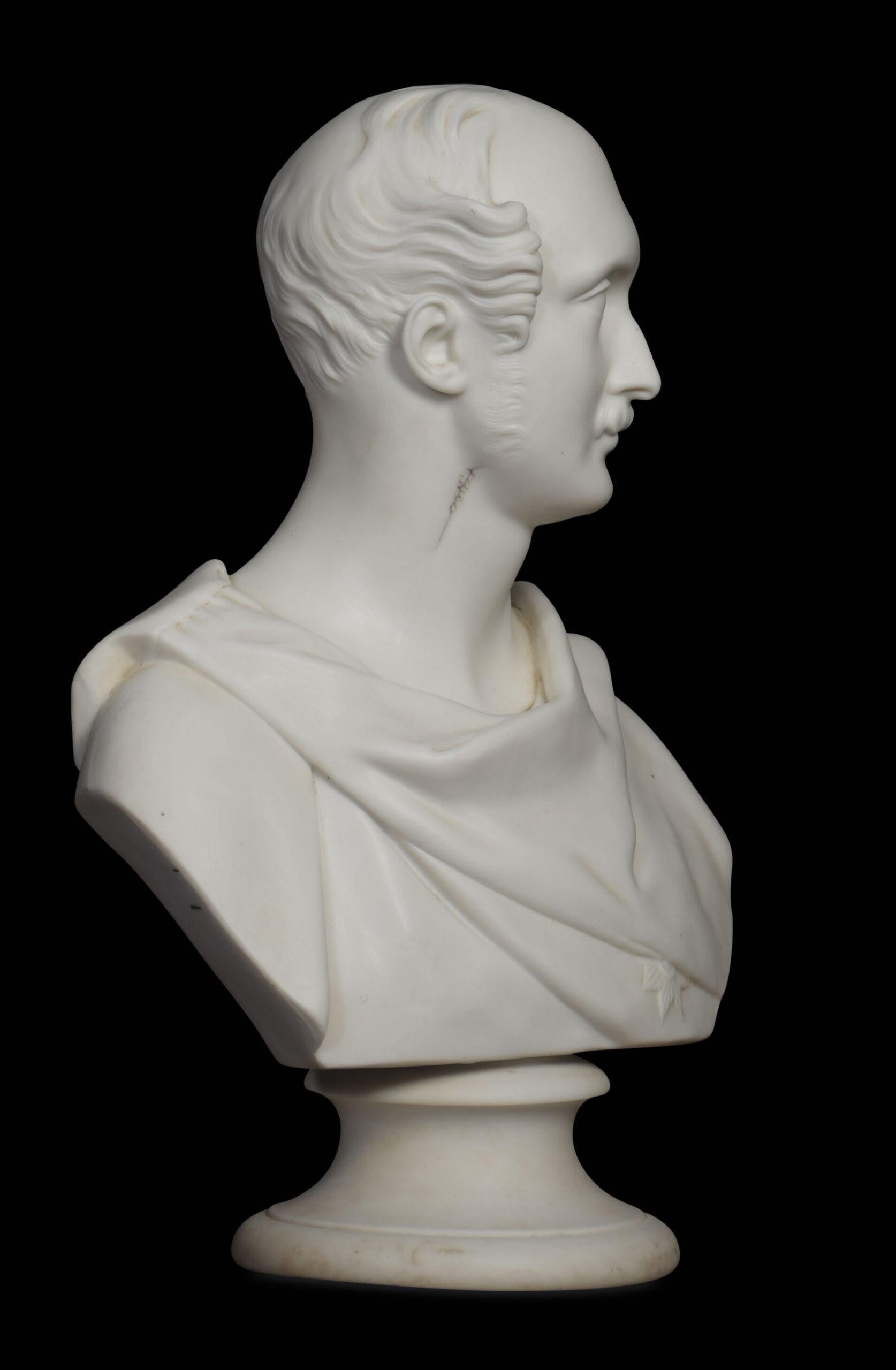 19th century Parian bust of Prince Albert, raised on a circular pedestal base.
Dimensions:
Height 14 inches
Width 10 inches
Depth 6 inches.