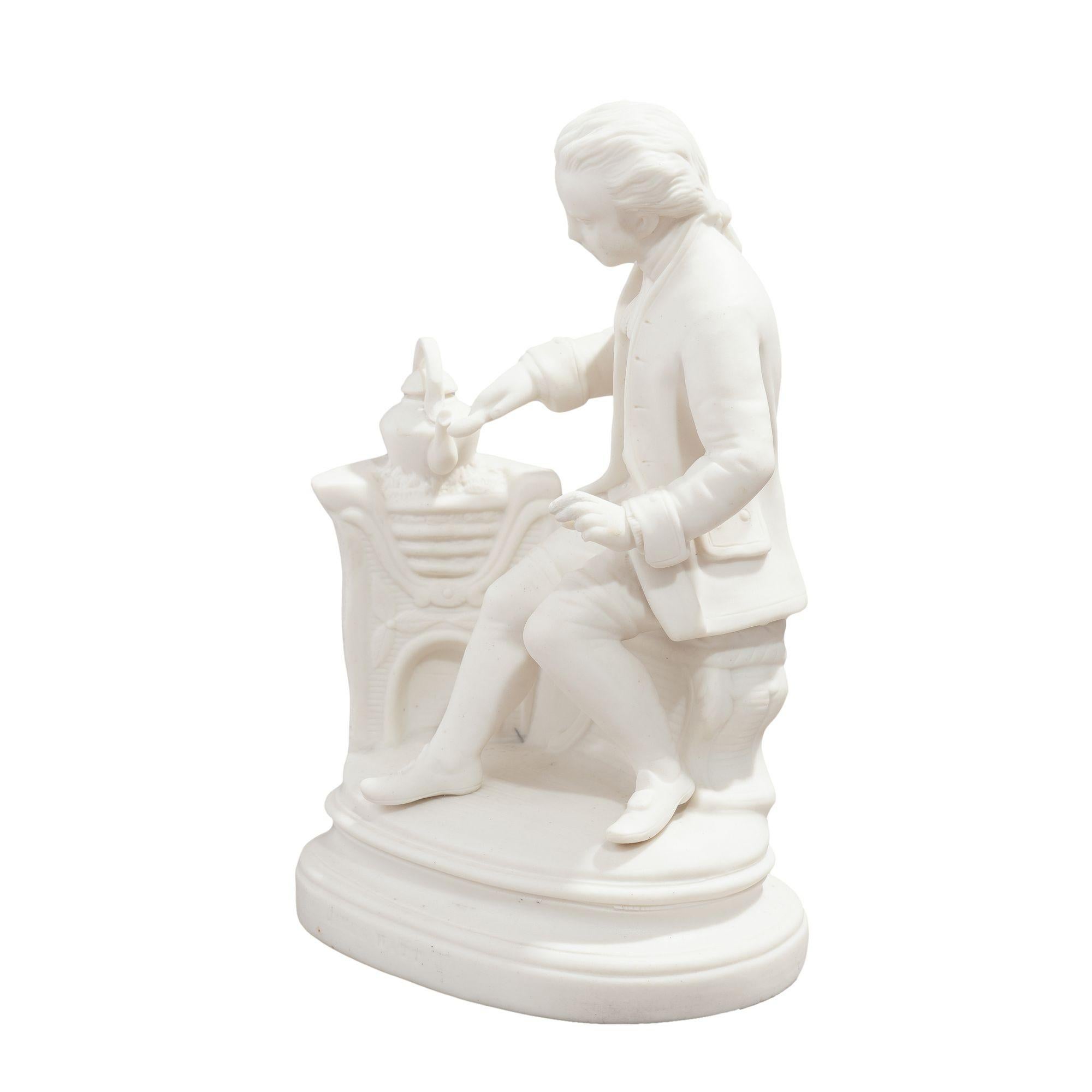 Rara estatuilla de parian Copeland & Garrett, muy detallada, de James Watt vestido a la usanza del siglo XVIII y sentado ante una tetera. Identificado en el zócalo como James Watt.

Inglaterra, hacia 1840.