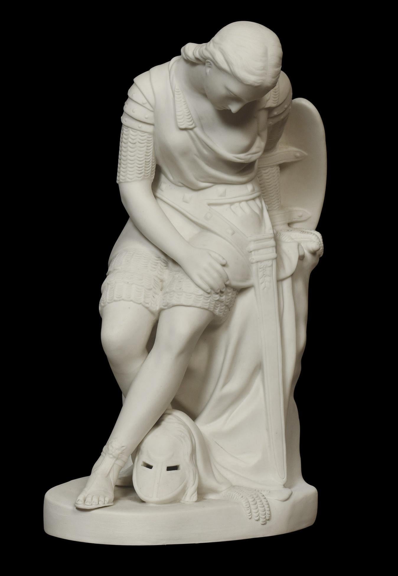 Minton Parian model of clorinda modelled exhausted from the fight, with her armour on, helmet at her feet, signed to the reverse John Bell.
Dimensions:
height 13.5 inches.
width 8.5 inches.
depth 9.5 inches.