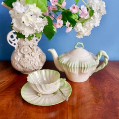 Parian Porcelain Teapot, Belleek Green Hexagon Shape, 2nd BM 1891-1926