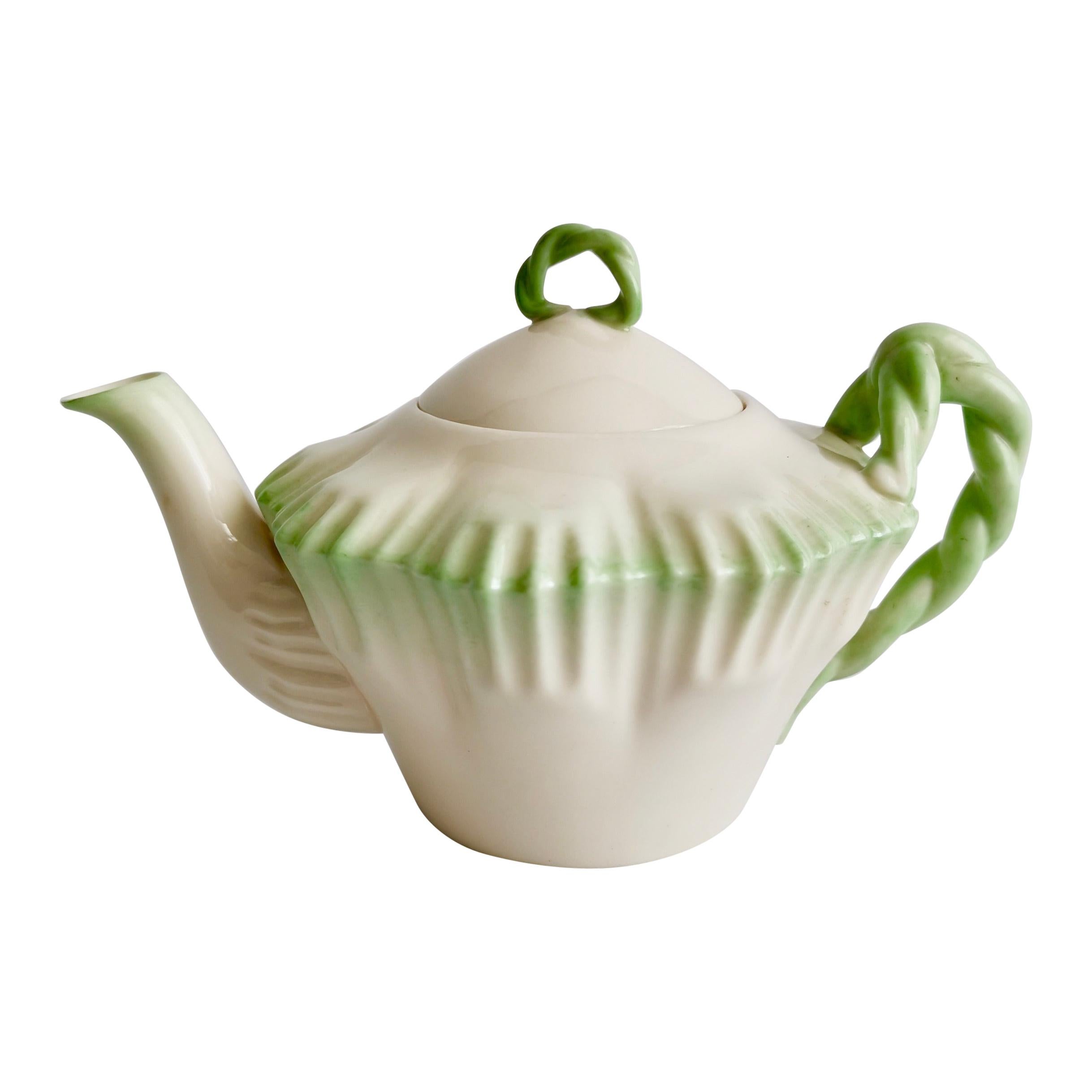 Parian Porcelain Teapot, Belleek Green Hexagon Shape, 2nd BM 1891-1926