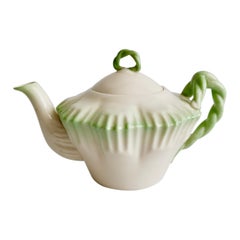 Antique Parian Porcelain Teapot, Belleek Green Hexagon Shape, 2nd BM 1891-1926