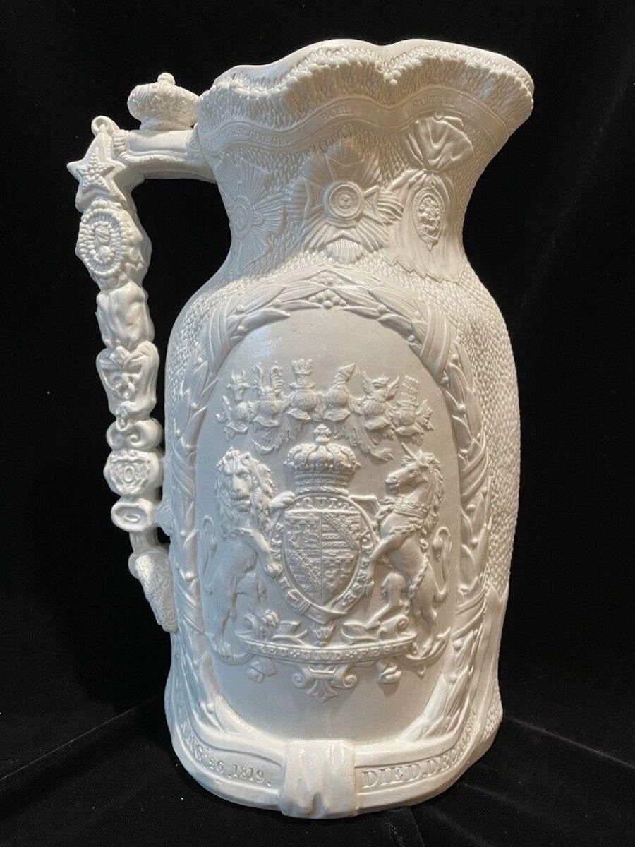Antique english parian Memorial Pitcher for the Prince Consort Albert, husband of queen Victoria. The apx. 9.5 inch tall pitcher is all white with some interesting details besides Albert and his royal coat of arm. A really unusual piece in excellent