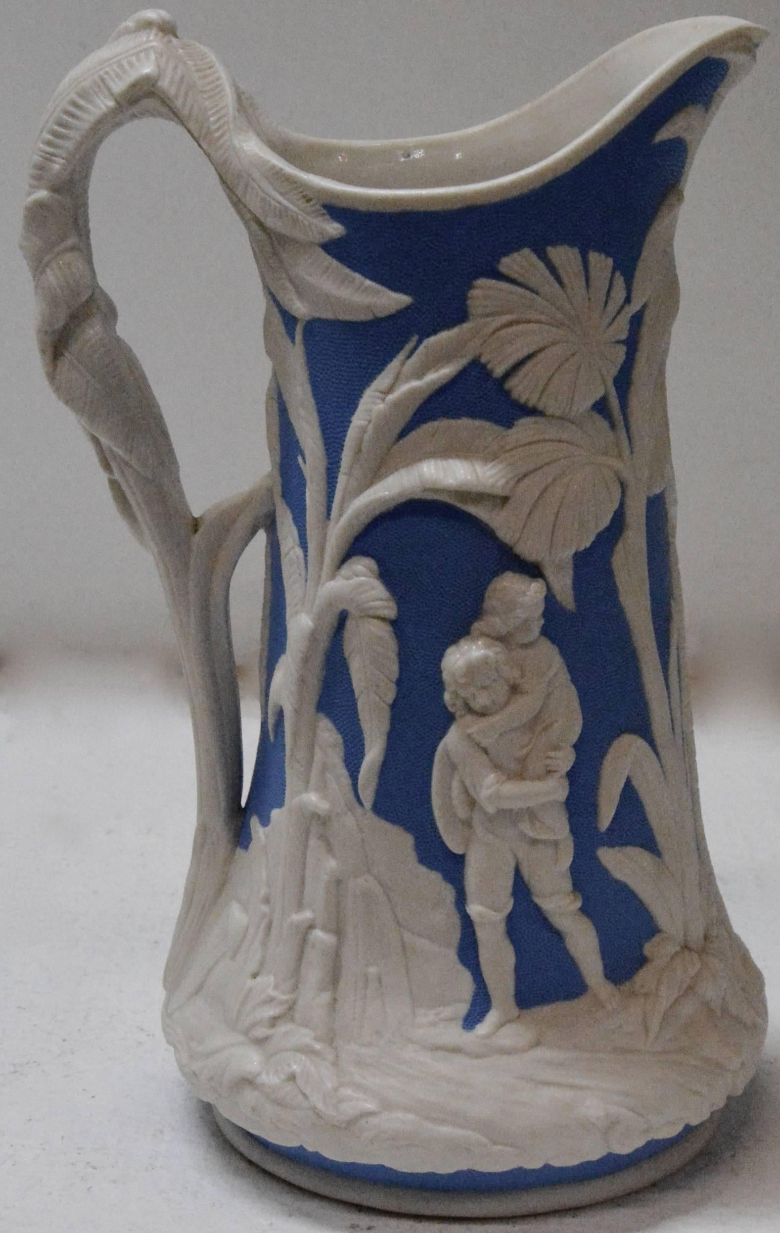 Hand-Crafted Parian Ware Pitcher, Blue and White, circa 1850s For Sale