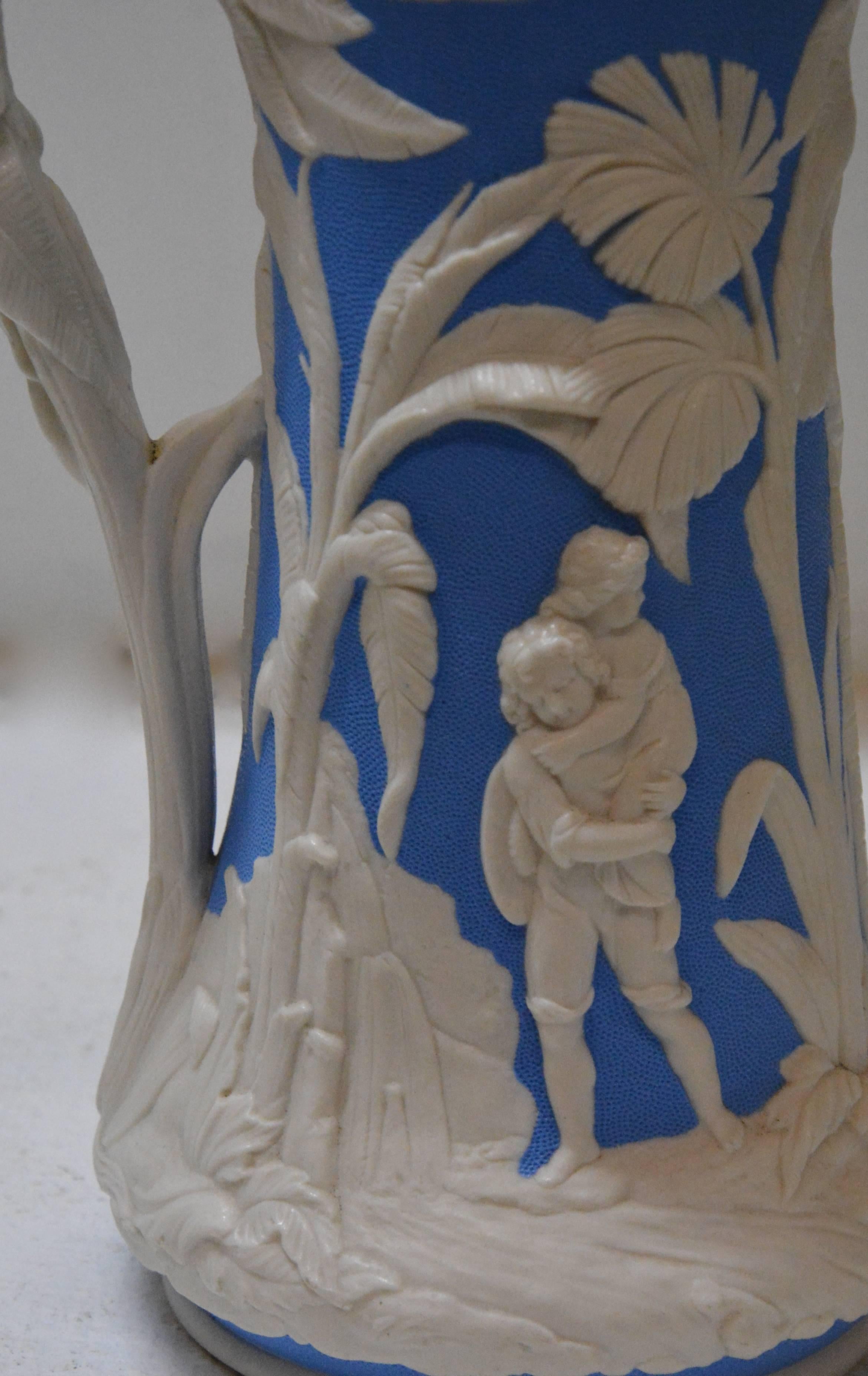 Parian Ware Pitcher, Blue and White, circa 1850s In Good Condition For Sale In Cookeville, TN