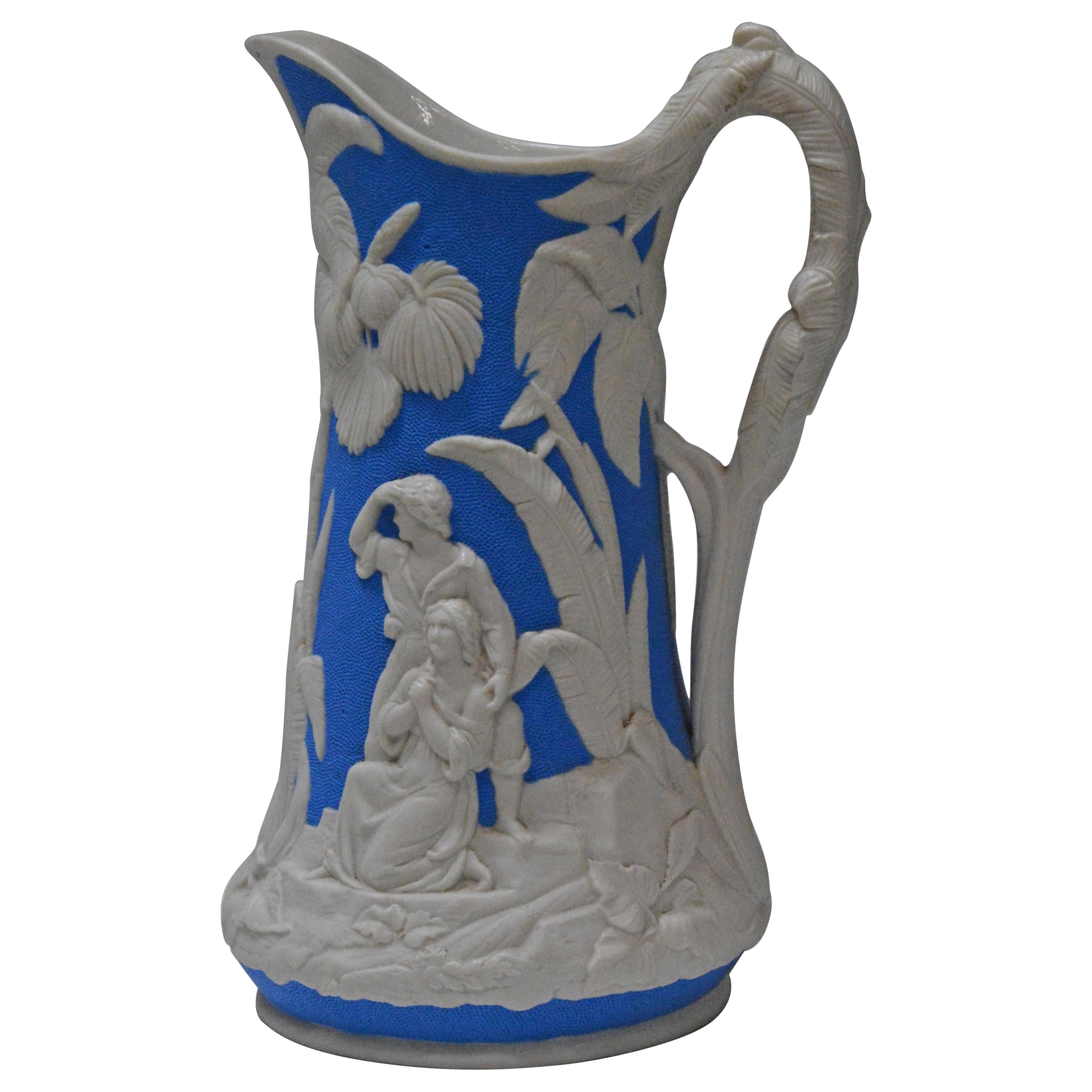 Parian Ware Pitcher, Blue and White, circa 1850s For Sale