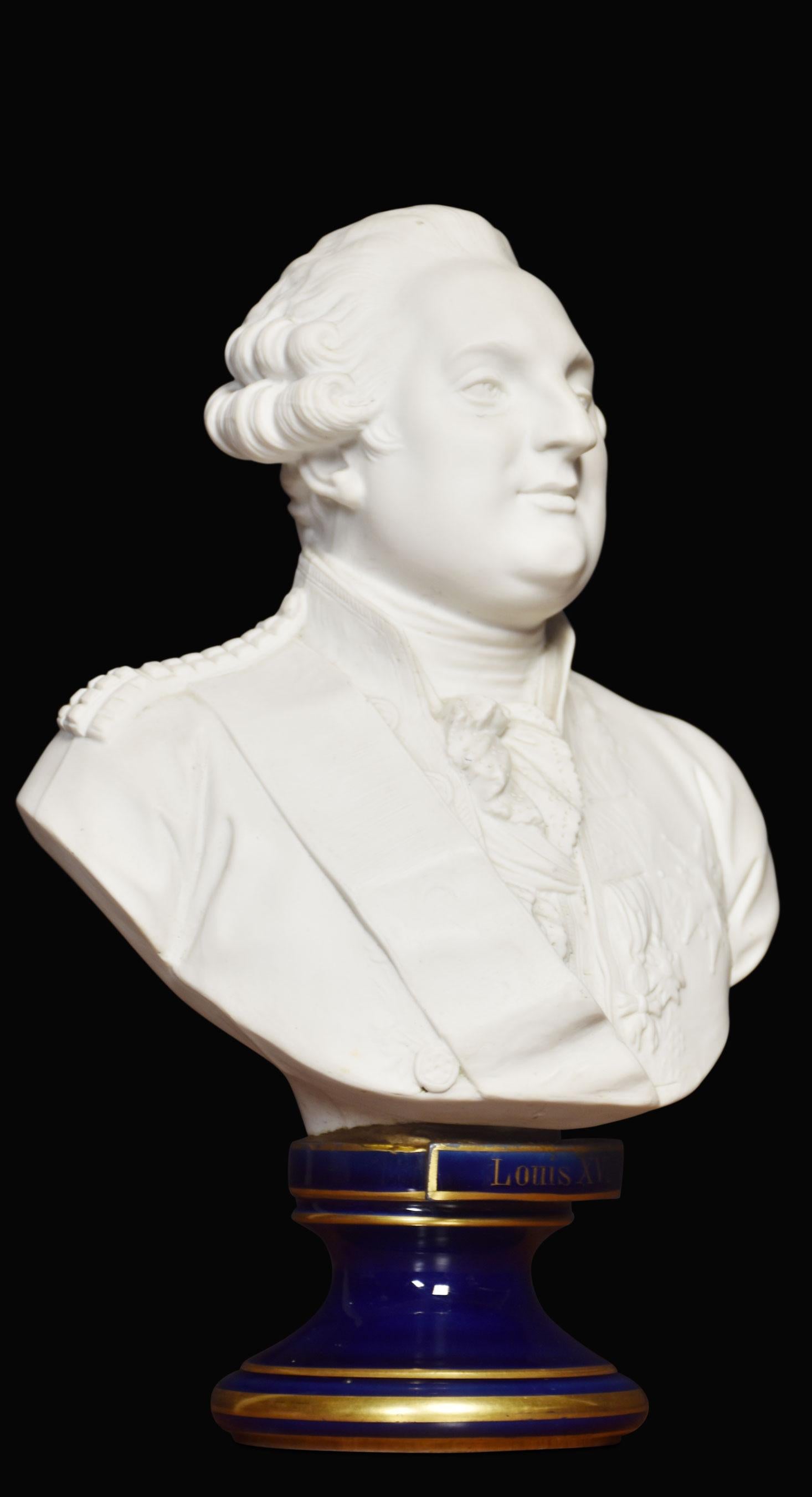 French Parianware bust of King Louis XVI raised up on blue gilded porcelain stepped circular base.
Dimensions
Height 11.5 inches
Width 8 inches
Depth 5 inches.