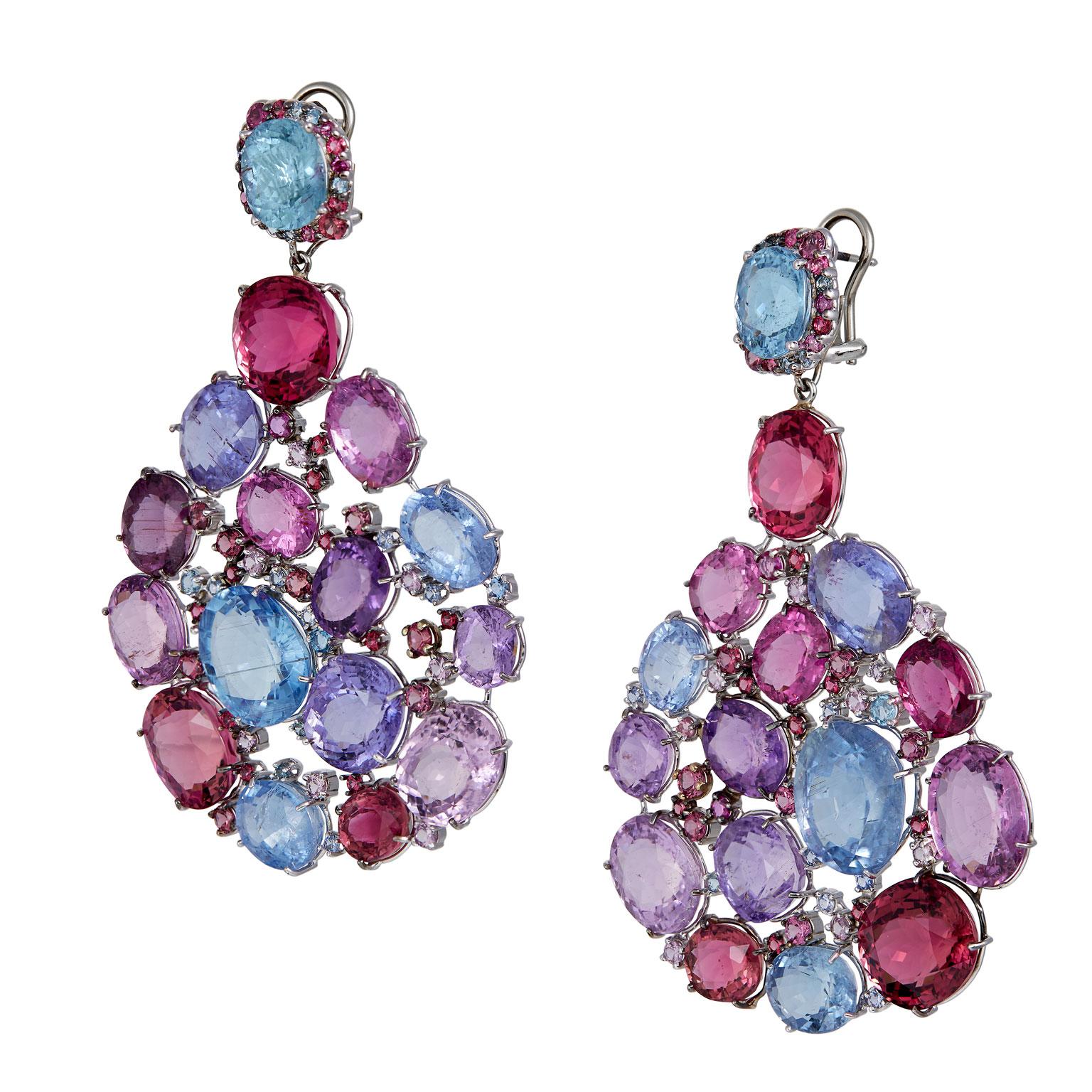 Contemporary Pariba Tourmaline, Diamonds, Sapphires, Aquamarine, Spinel & Ruby Earrings 18k For Sale