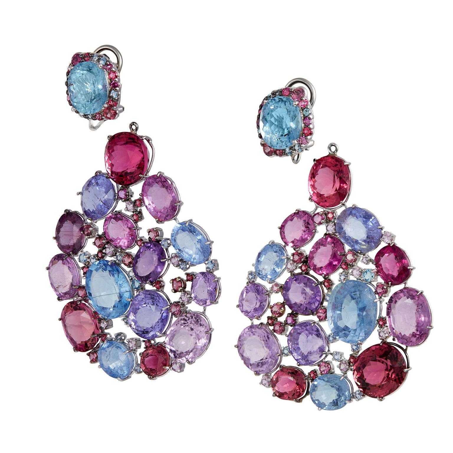 Pariba Tourmaline, Diamonds, Sapphires, Aquamarine, Spinel & Ruby Earrings 18k In New Condition For Sale In Naples, FL