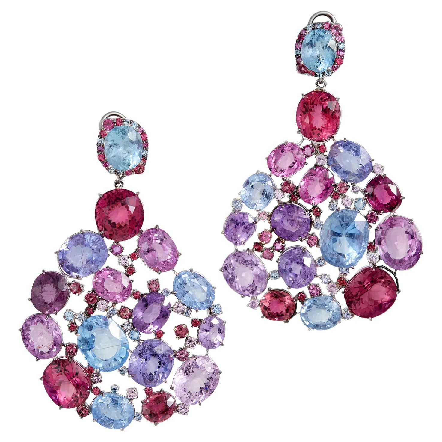 Pariba Tourmaline, Diamonds, Sapphires, Aquamarine, Spinel & Ruby Earrings 18k For Sale