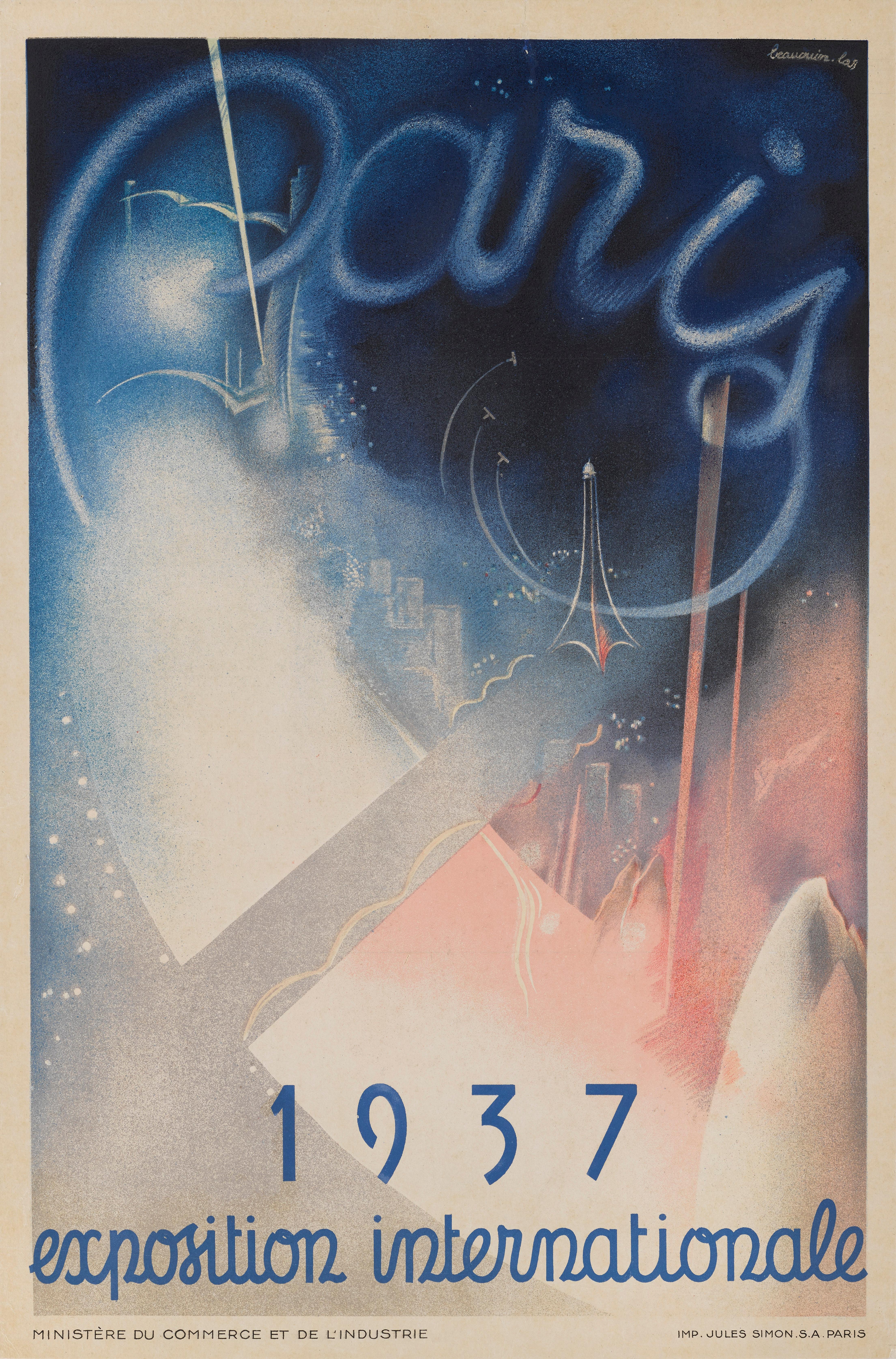 Originales französisches Plakat für die Exposition International in Paris, 1937.
Dieses preisgekrönte Art-déco-Design wurde von Eugene Beaudoin (1898-1983) und Marcel Lods (1891-1978) entworfen.  Dies ist das kleinste von ursprünglich 3 gedruckten