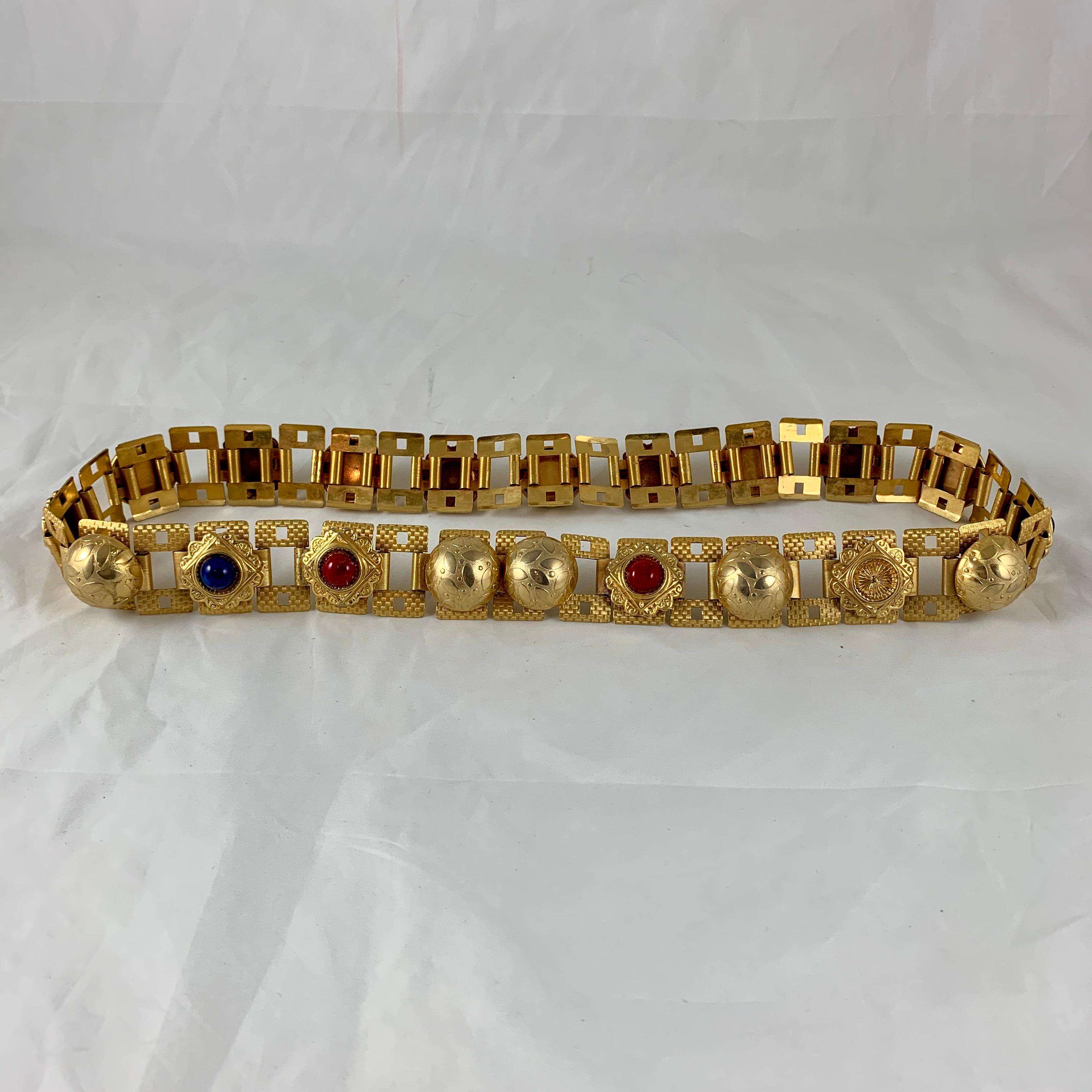 Paris 1960s Era Gold-Tone Metal and Bakelite Jeweled Medallion Handmade Belt For Sale 5