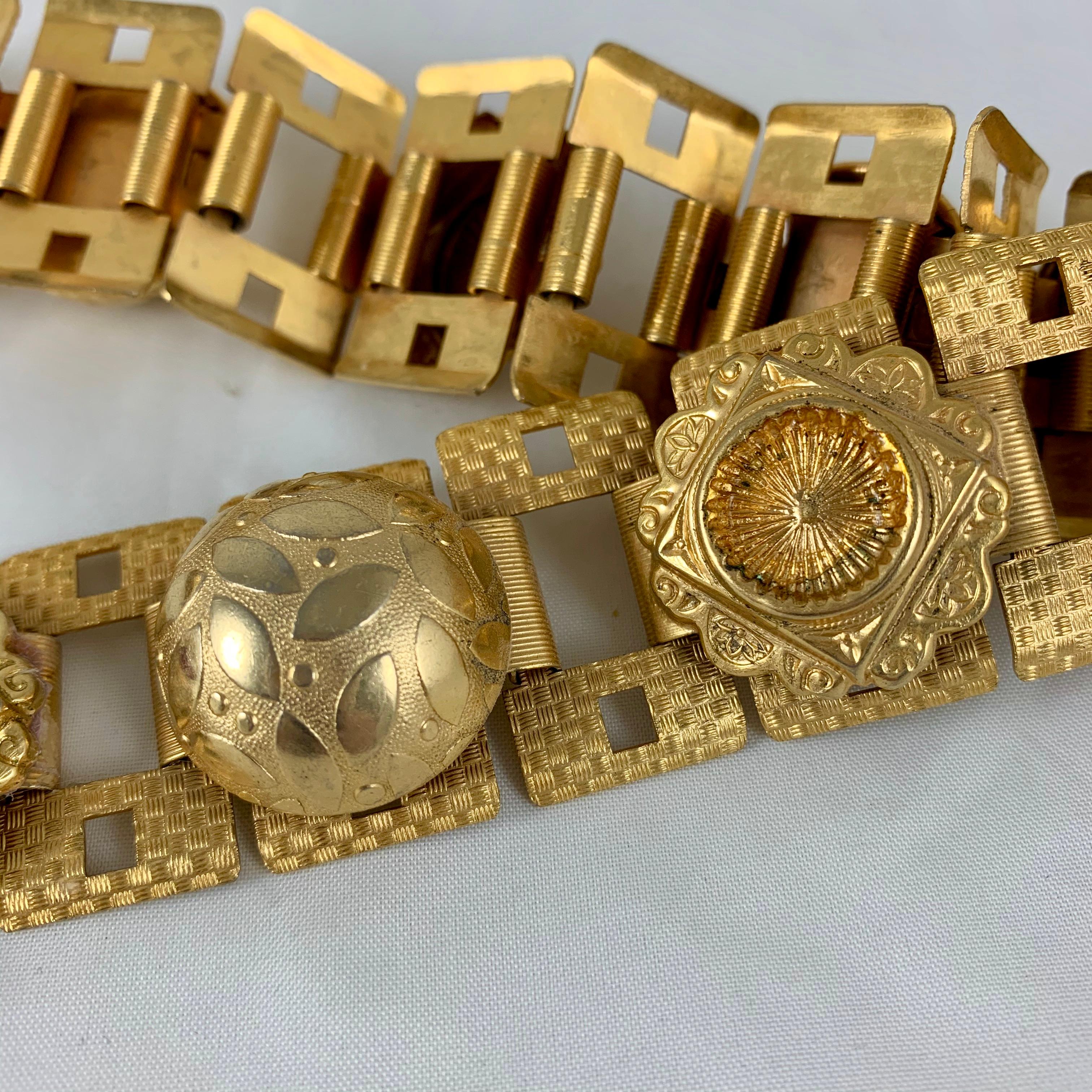 Paris 1960s Era Gold-Tone Metal and Bakelite Jeweled Medallion Handmade Belt For Sale 7