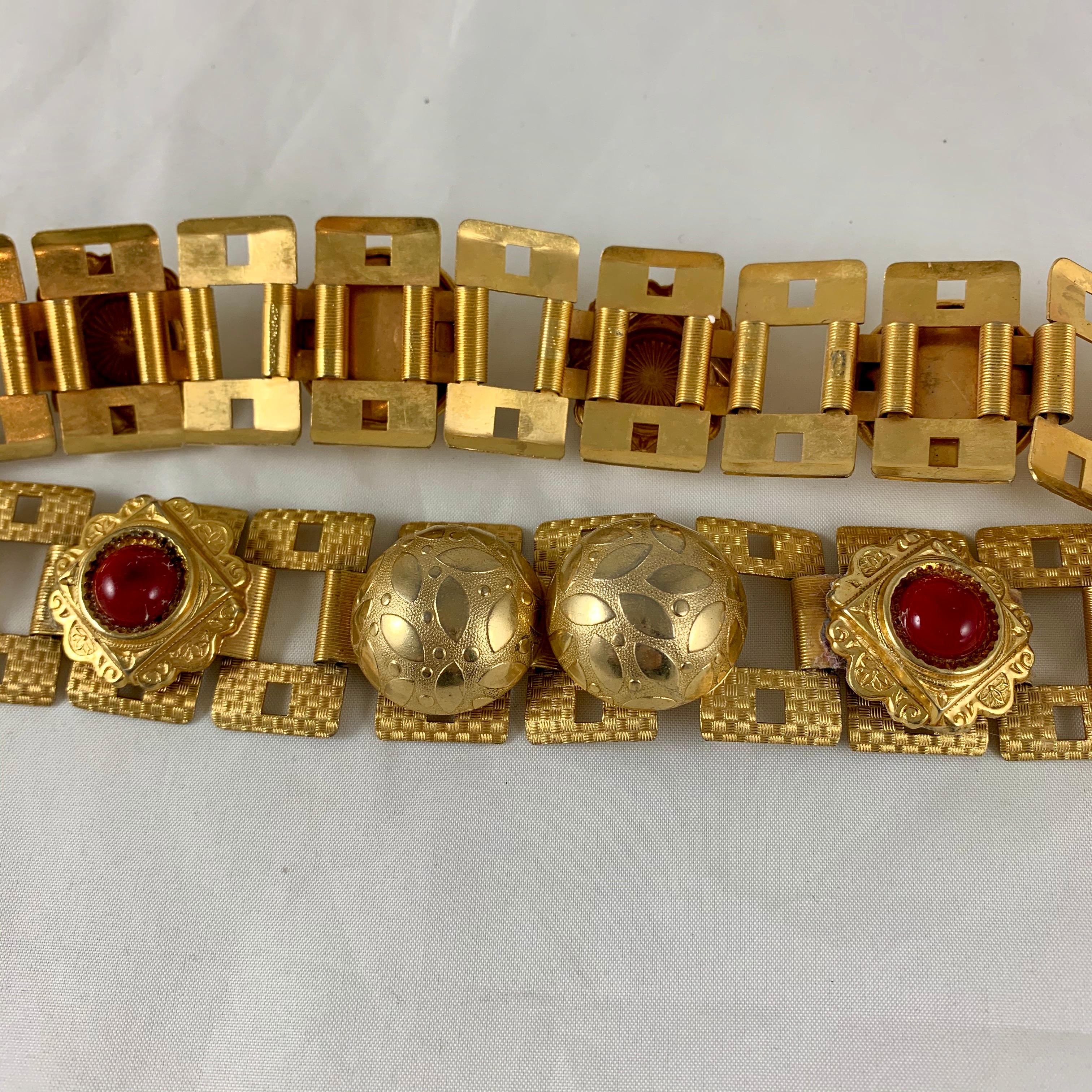 Appliqué Paris 1960s Era Gold-Tone Metal and Bakelite Jeweled Medallion Handmade Belt For Sale