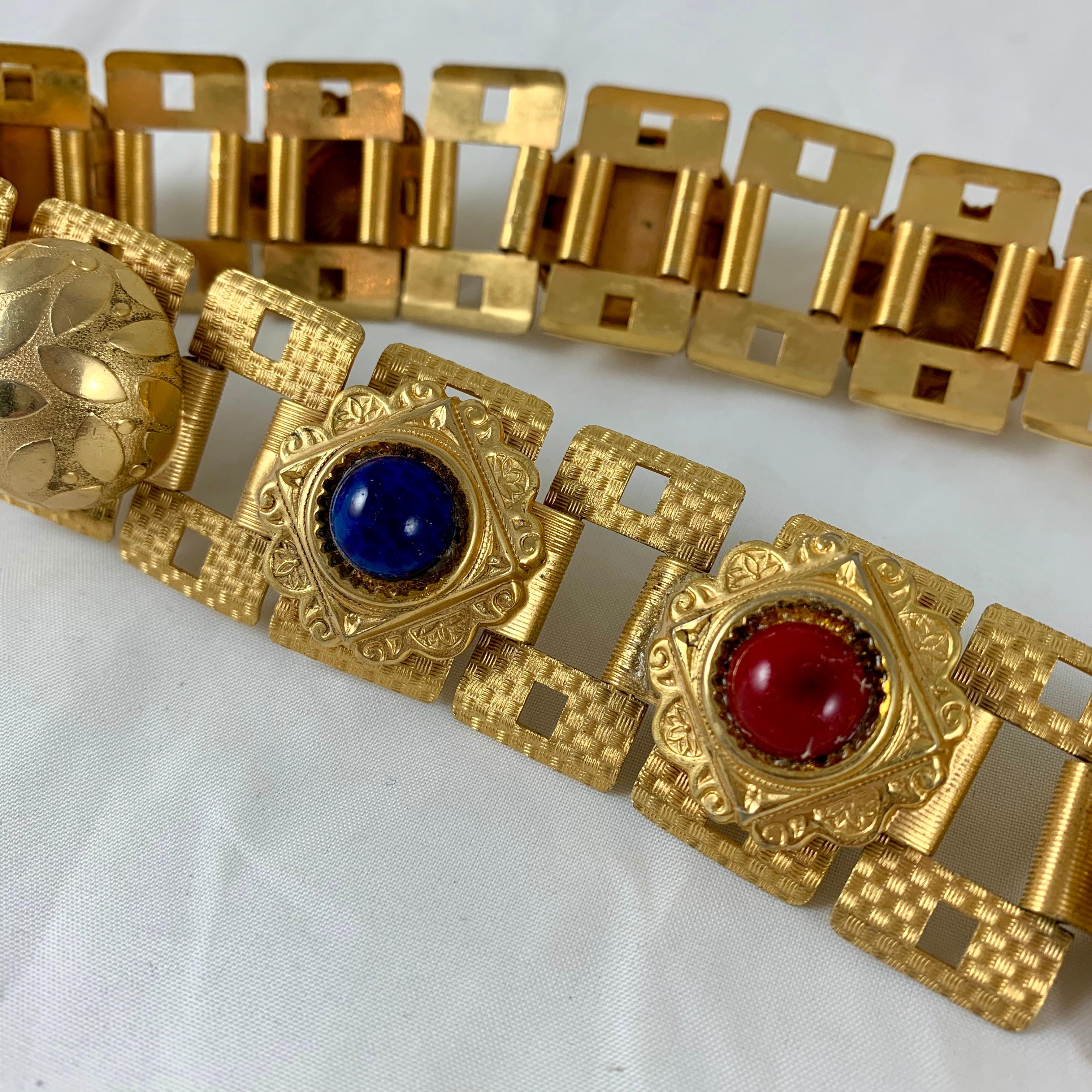 Paris 1960s Era Gold-Tone Metal and Bakelite Jeweled Medallion Handmade Belt In Good Condition For Sale In Philadelphia, PA