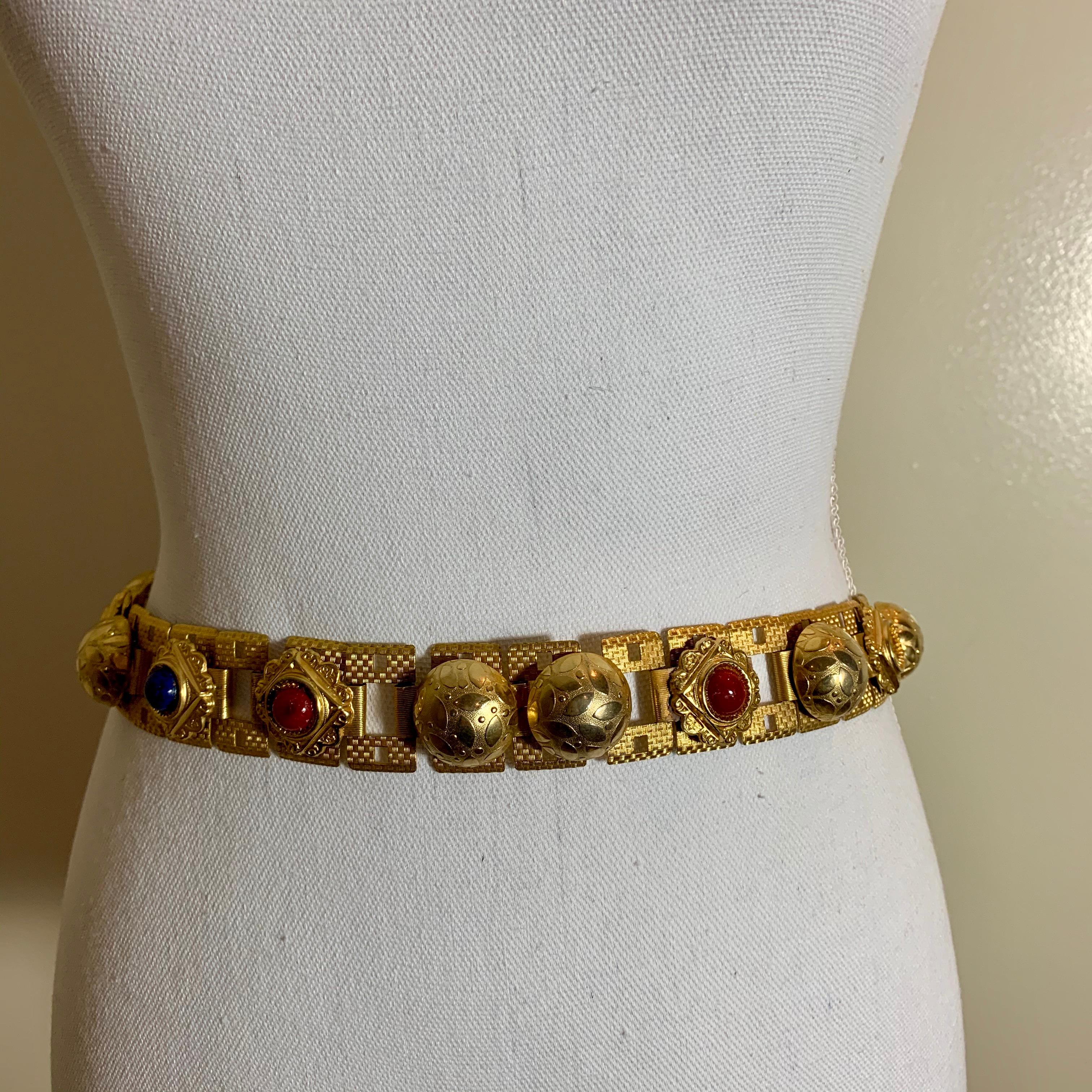 Mid-Century Modern Paris 1960s Era Gold-Tone Metal and Bakelite Jeweled Medallion Handmade Belt For Sale