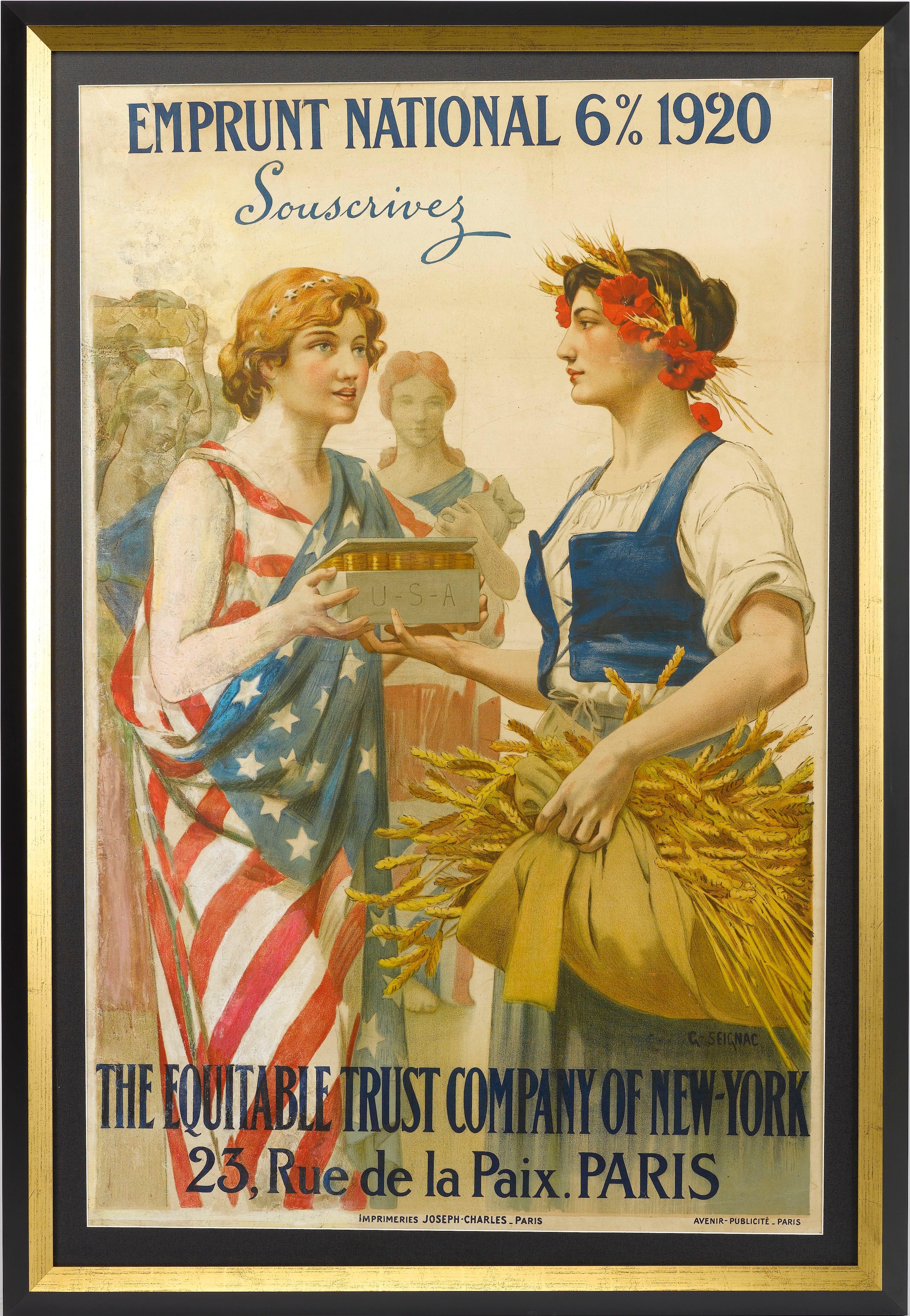 Paris 6% Emprunt National 1920 Poster - Equitable Trust Company of New York

This is an original post-Great War poster that was used to raise money for the rebuilding of France after the war and features Lady Liberty dropped in an American flag