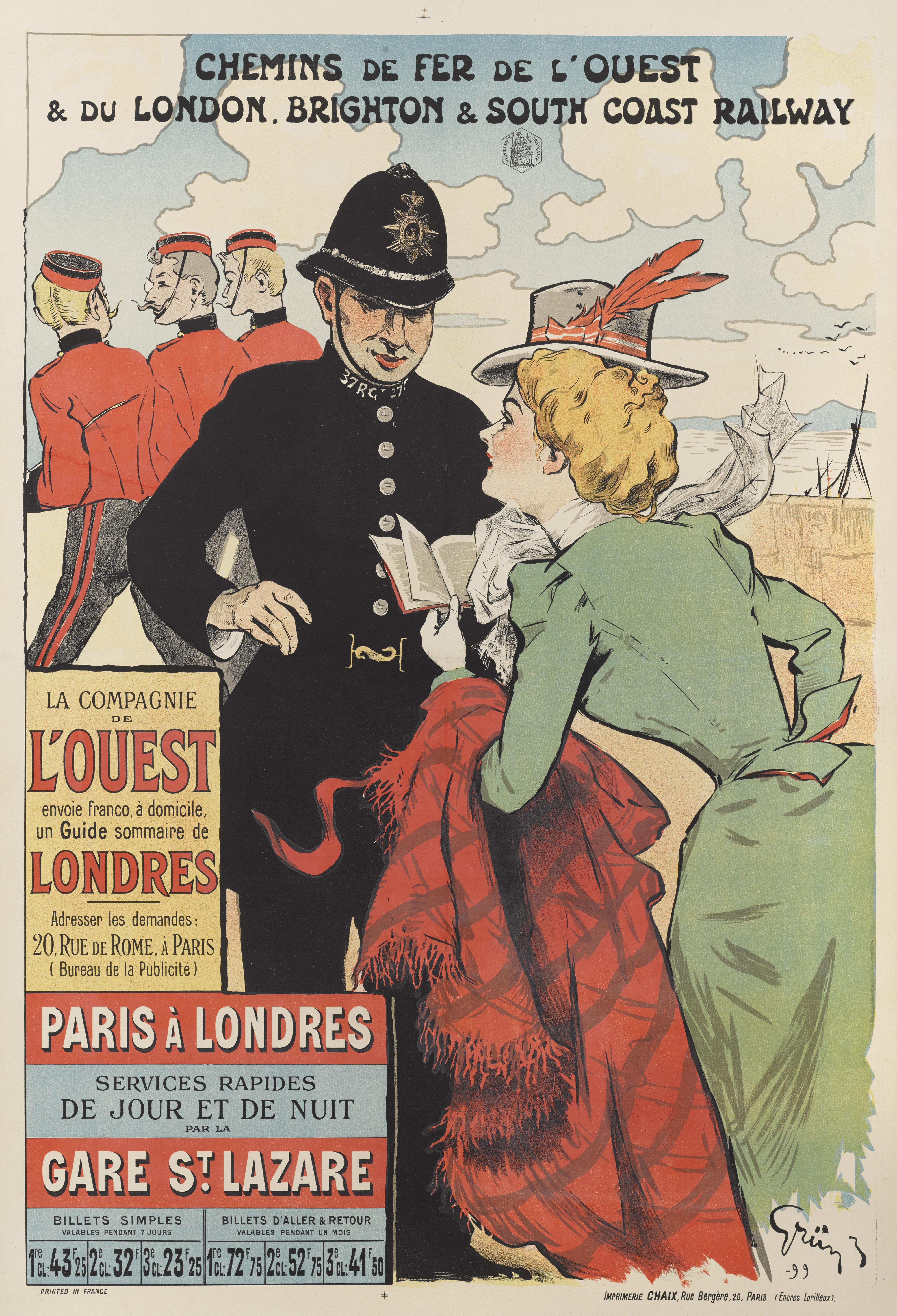 Original French advertising poster from 1899.
This poster is advertising the transport from Paris to London. The art work on this poster is by Jules Alexandre (1868-1934)
This poster is conservation linen backed and would be shipped rolled in a