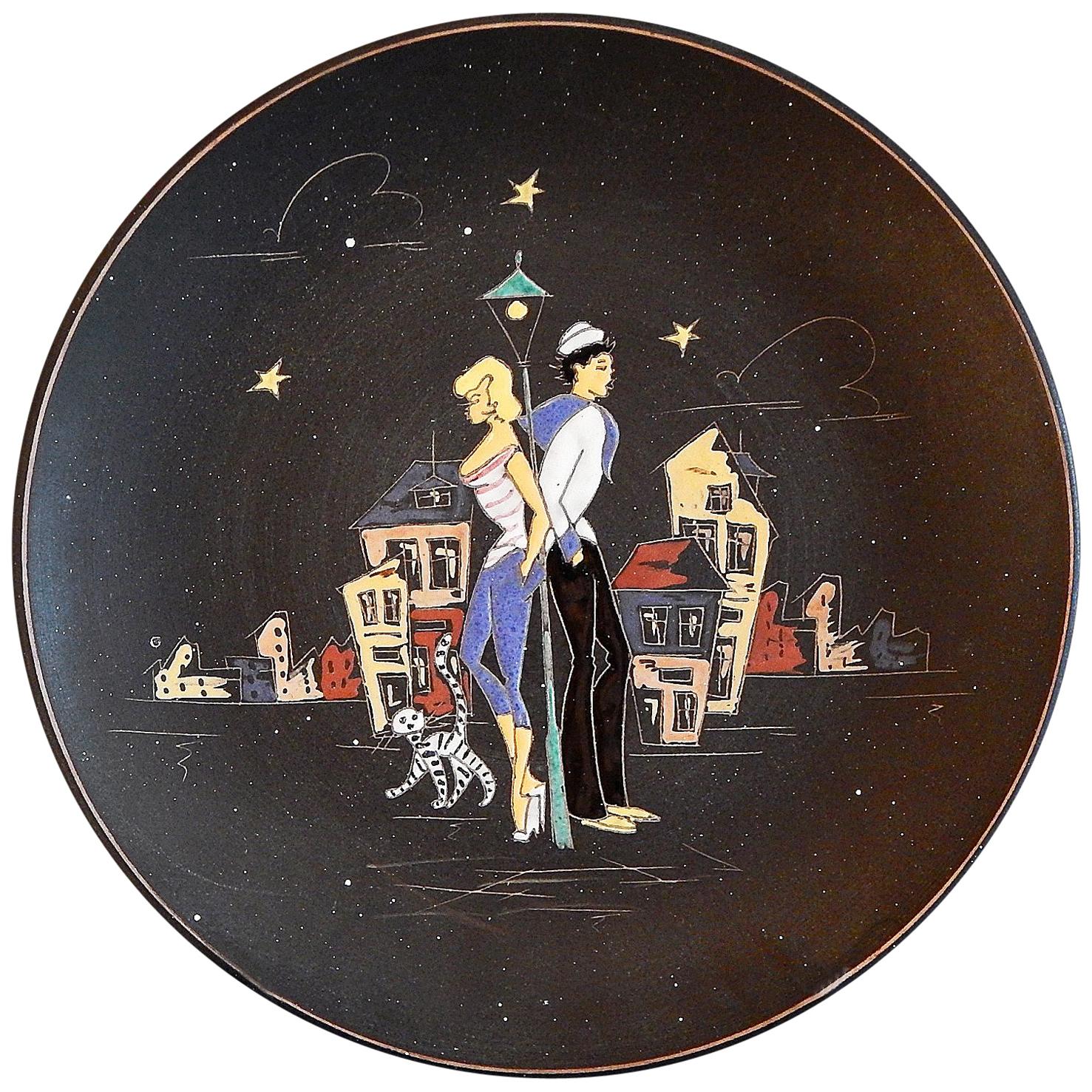 "Paris at Night, " Large Midcentury Platter or Low Bowl with Sailor and Blonde