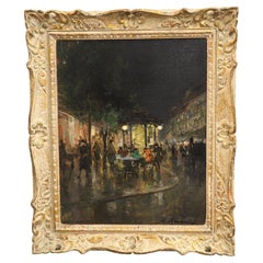 Paris at Night, Oil on Canvas Painting in Polychrome Frame, Circa 1960s