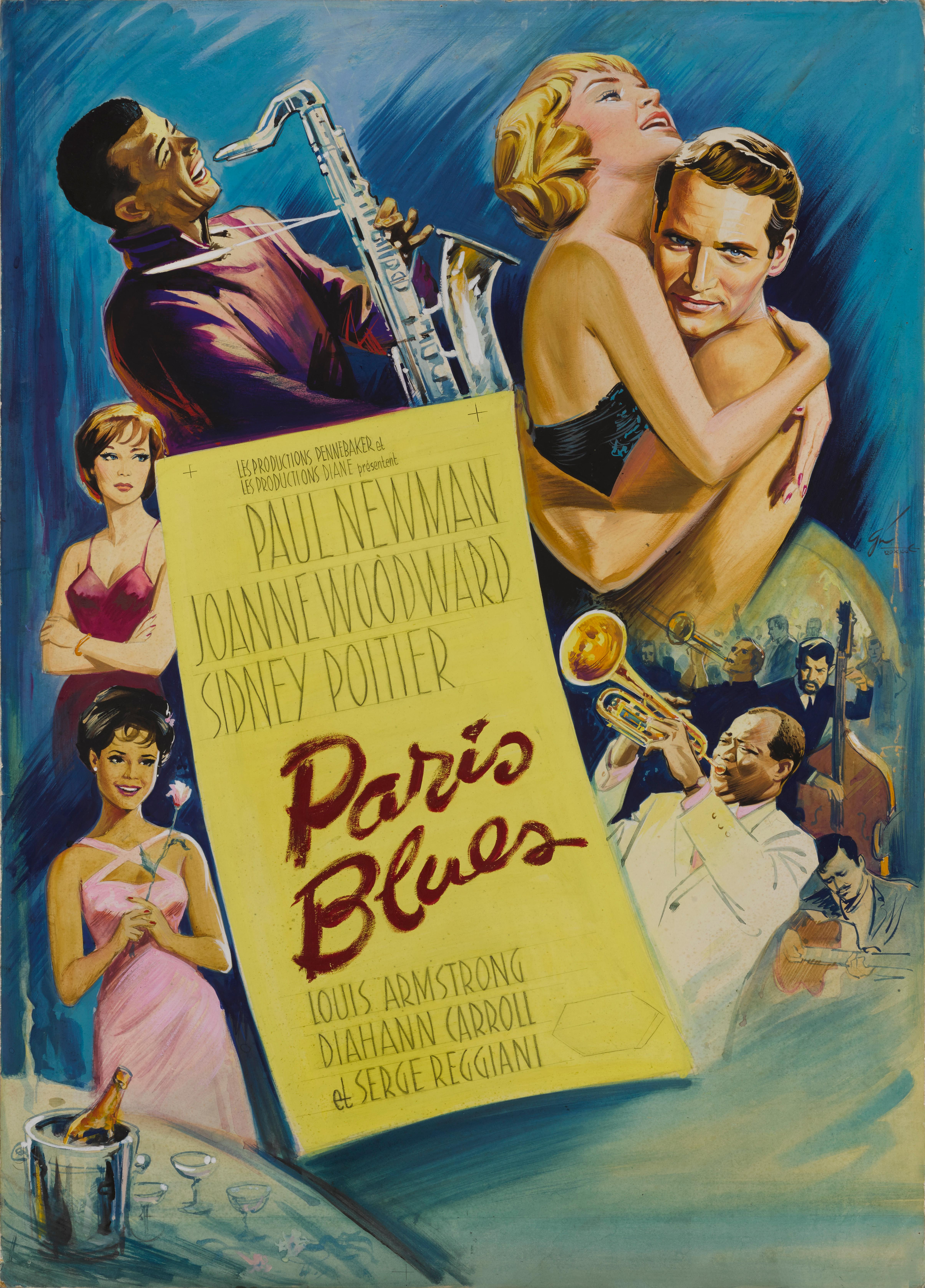 Französisches Originalgemälde, Gouache auf Kunstkarton, das für das französische Filmplakat des amerikanischen Dramas Paris Blues von 1961 verwendet wurde. Der Film wurde unter der Regie von Martin Ritt gedreht, in den Hauptrollen spielen Sidney