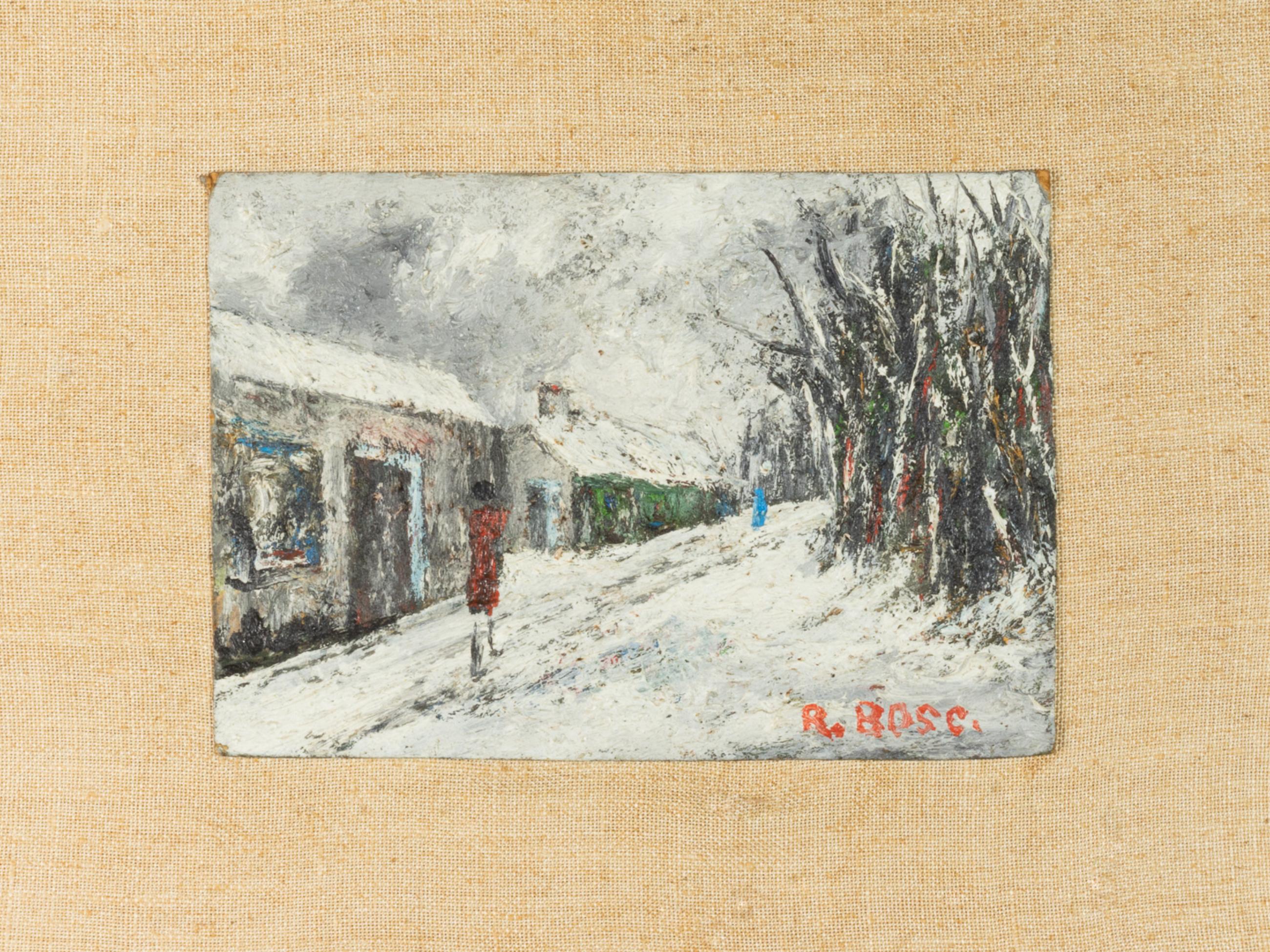 Ein Ölgemälde aus dem frühen 20. Jahrhundert auf einer zusammengesetzten Tafel mit einer Winterlandschaft mit Schnee und Menschen, die im Bosque de Bologna spazieren gehen.

