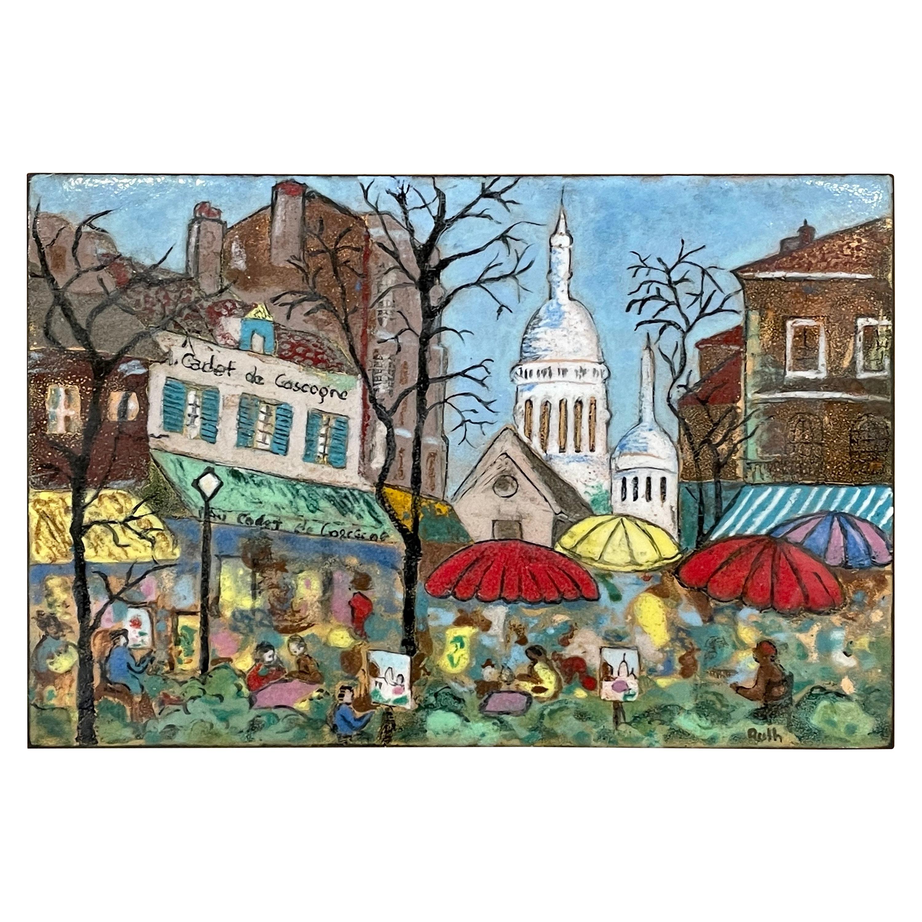 Paris Cityscape Enamel on Copper Framed Wall Decor by Ruth For Sale