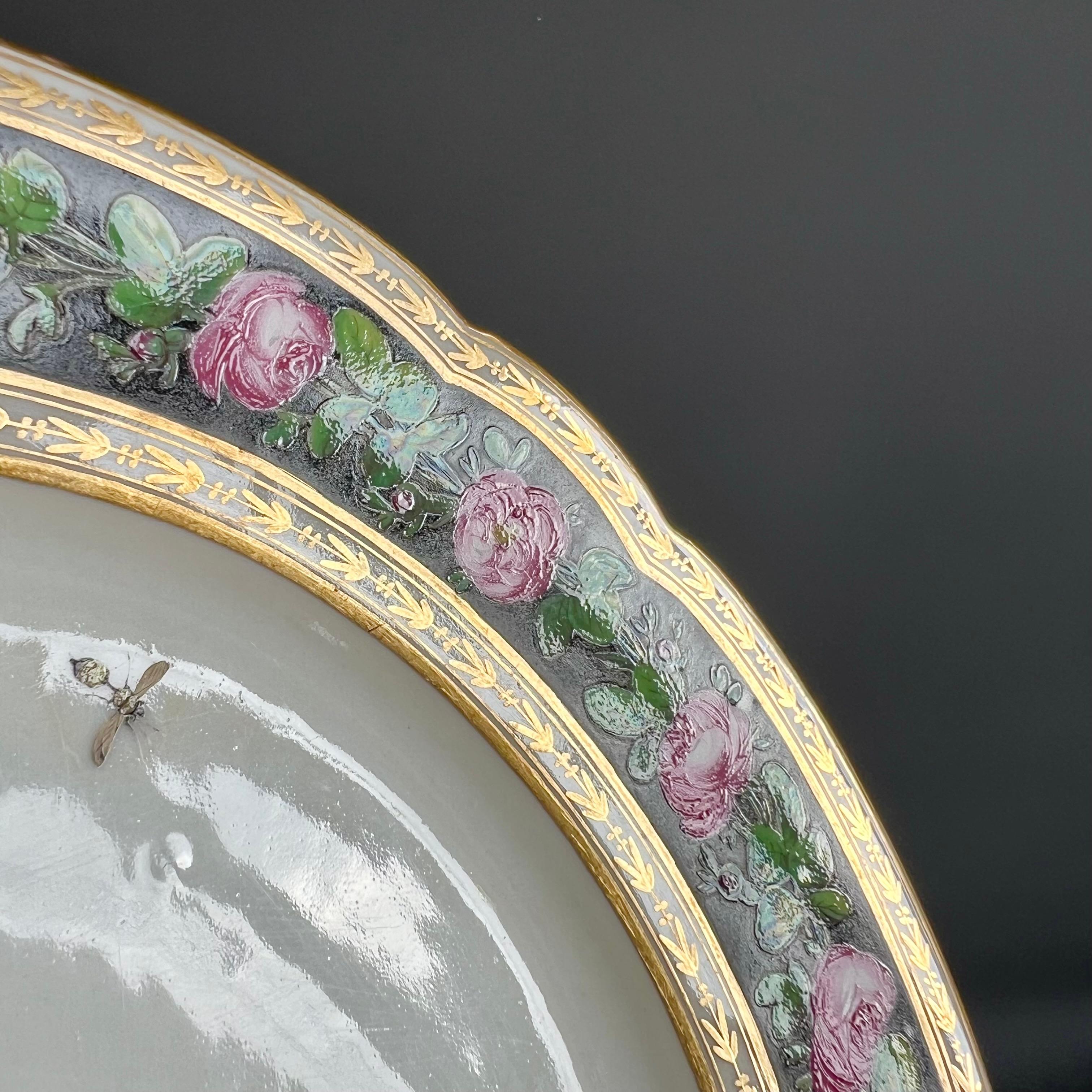 Paris Clignancourt Plate, Black, Pink Roses, Butterflies and Bugs, 1780-1790 For Sale 3
