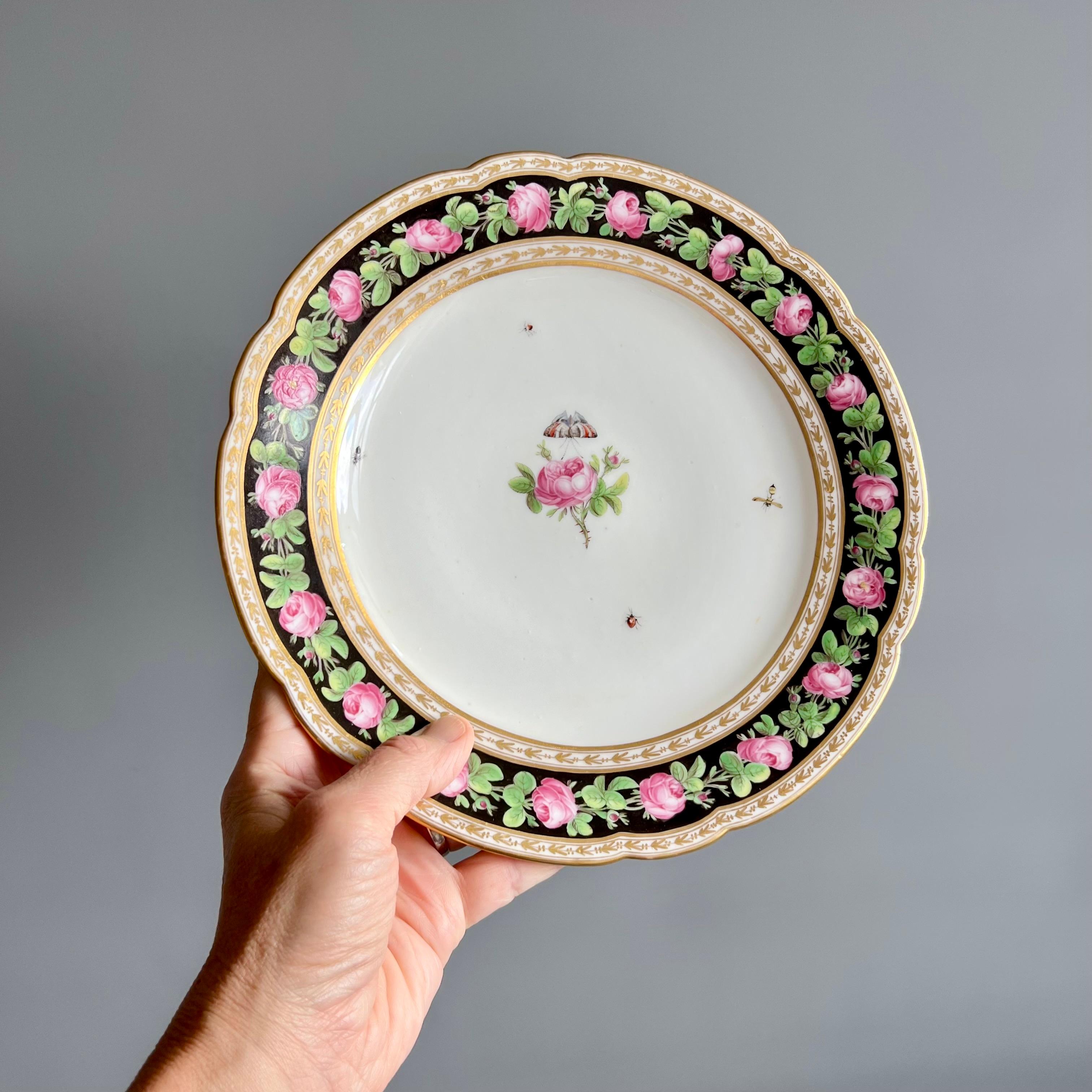Louis XVI Paris Clignancourt Plate, Black, Pink Roses, Butterflies and Bugs, 1780-1790 For Sale