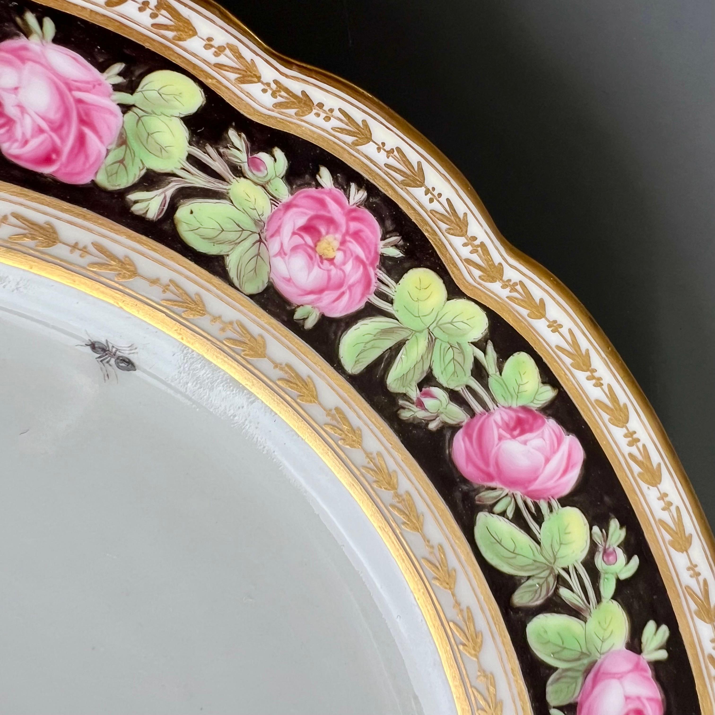 Hand-Painted Paris Clignancourt Plate, Black, Pink Roses, Butterflies and Bugs, 1780-1790 For Sale