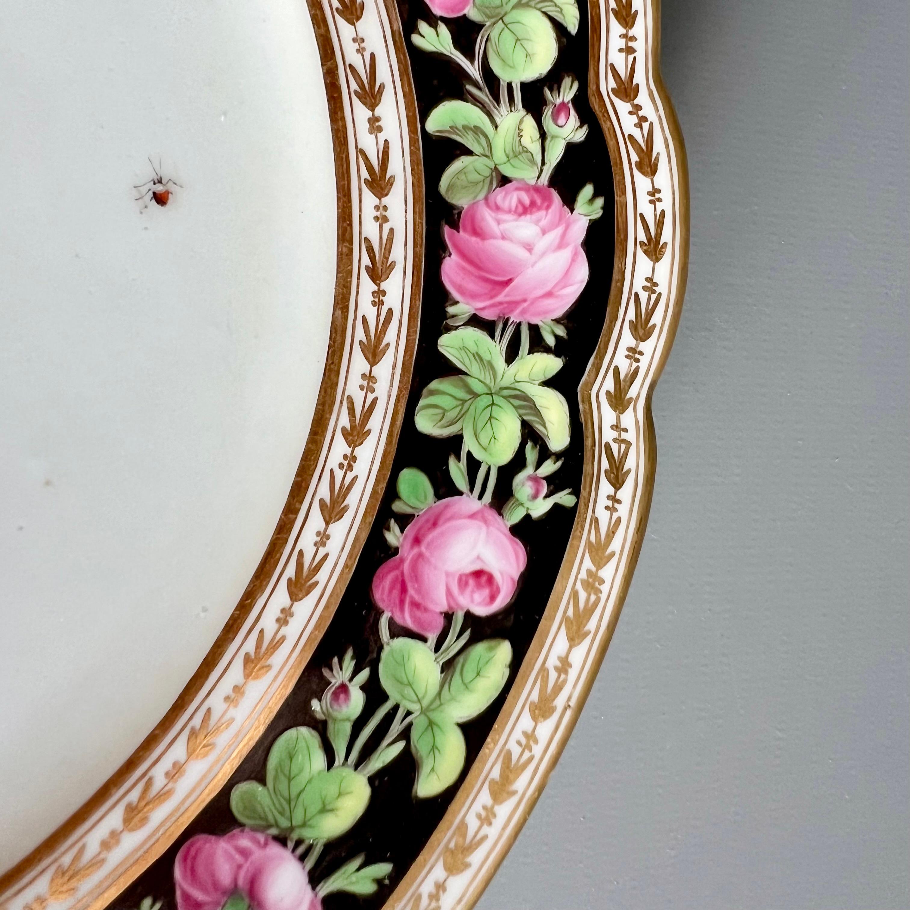 Paris Clignancourt Plate, Black, Pink Roses, Butterflies and Bugs, 1780-1790 For Sale 1