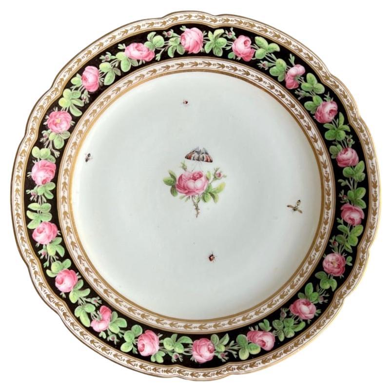 Paris Clignancourt Plate, Black, Pink Roses, Butterflies and Bugs, 1780-1790 For Sale