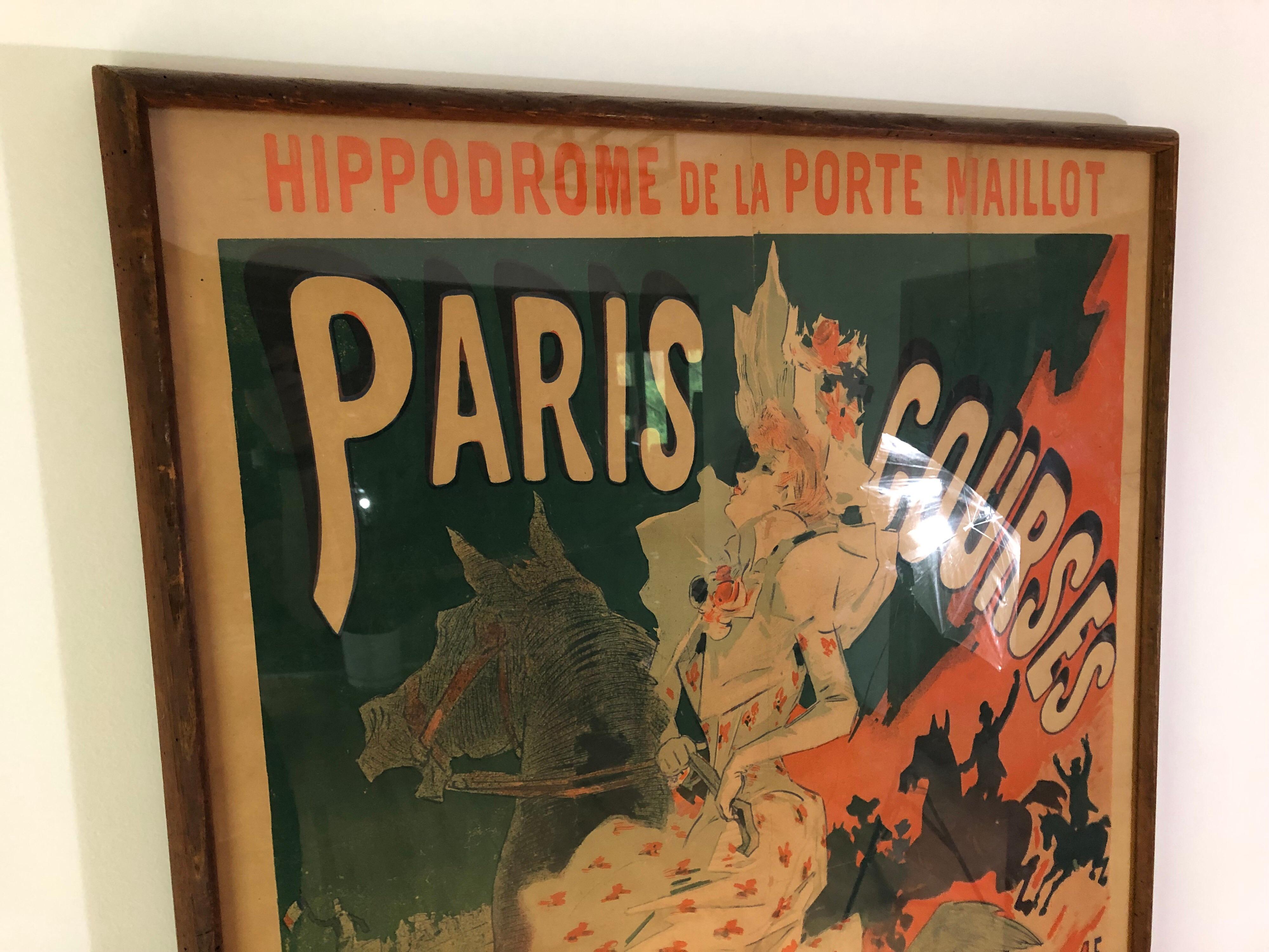 Belle Époque Affiche de lithographie en couleur « Paris Courses » de Jules Chéret, 1890 en vente