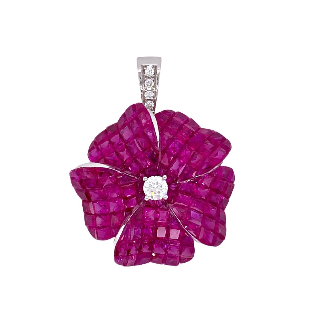 Modern Paris Craft House 10.55 Carat Ruby Diamond Flower Pendant in 18 Karat White Gold For Sale