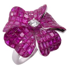 Paris Craft House 10.67 Carat Ruby Diamond Flower Ring in 18 Karat White Gold