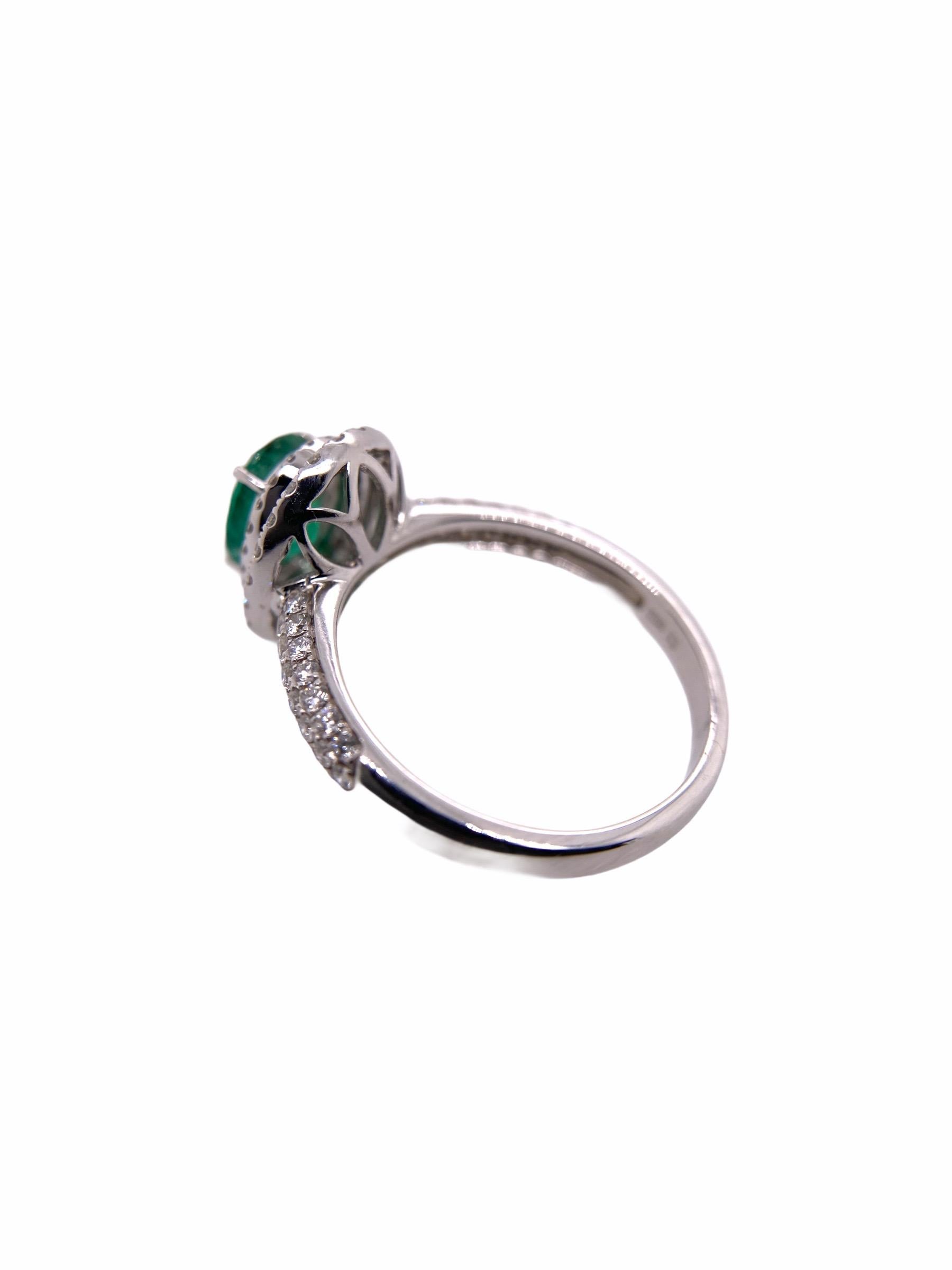 Oval Cut Paris Craft House 1.10 Carat Oval Emerald Diamond Halo Ring in 18 Karat Gold For Sale