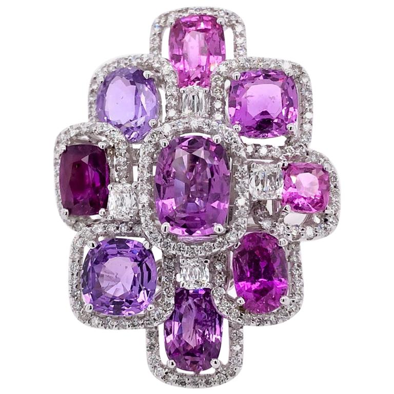 Paris Craft House 11.20 Carat Violet Pink Sapphires Diamond Ring 18 Karat Gold For Sale