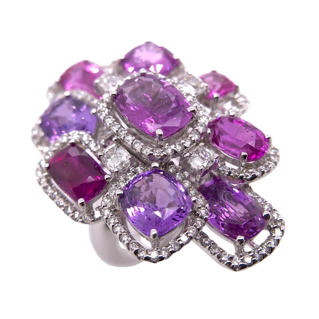 Cushion Cut Paris Craft House 11.20 Carat Violet Pink Sapphires Diamond Ring 18 Karat Gold For Sale