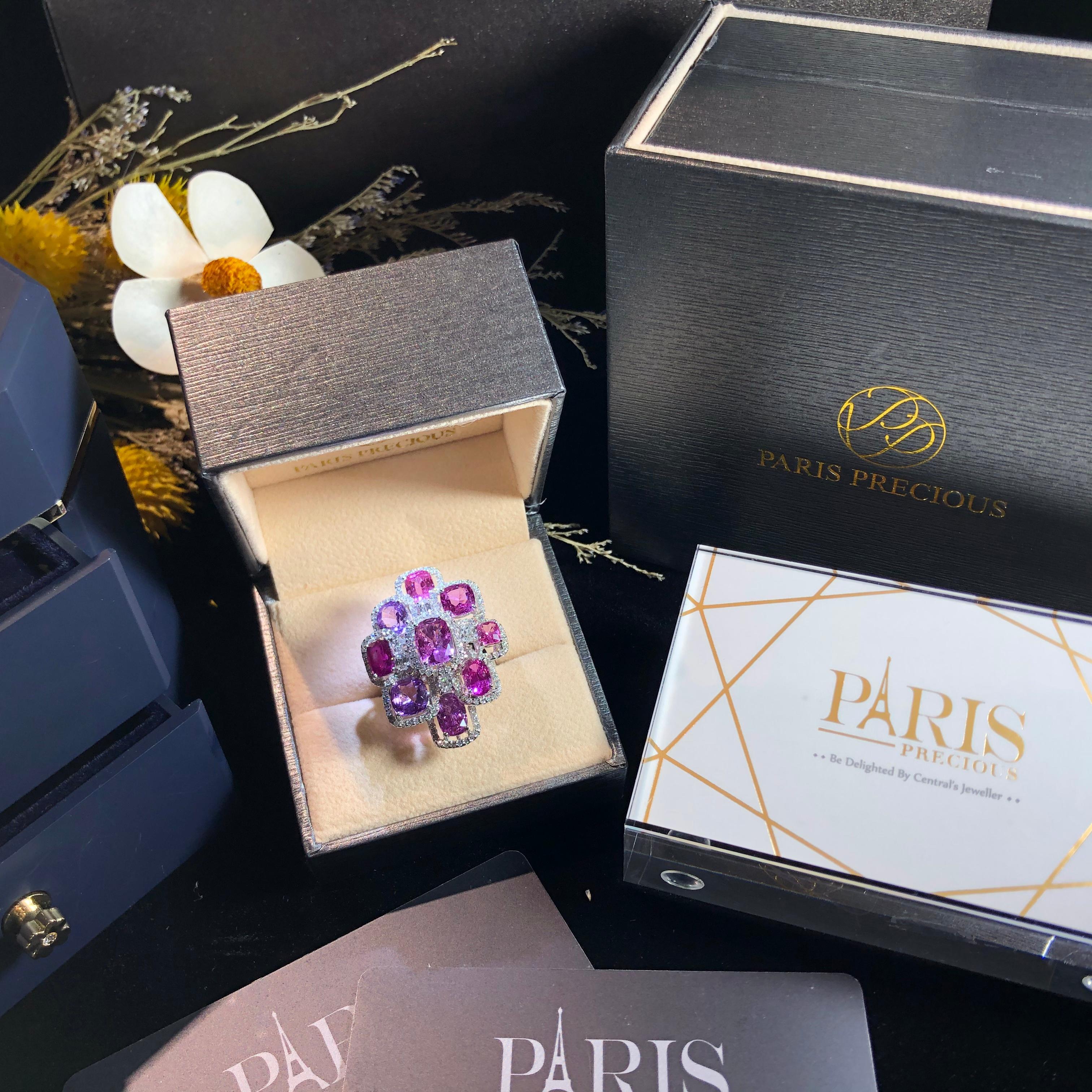 Paris Craft House 11.20 Carat Violet Pink Sapphires Diamond Ring 18 Karat Gold For Sale 3