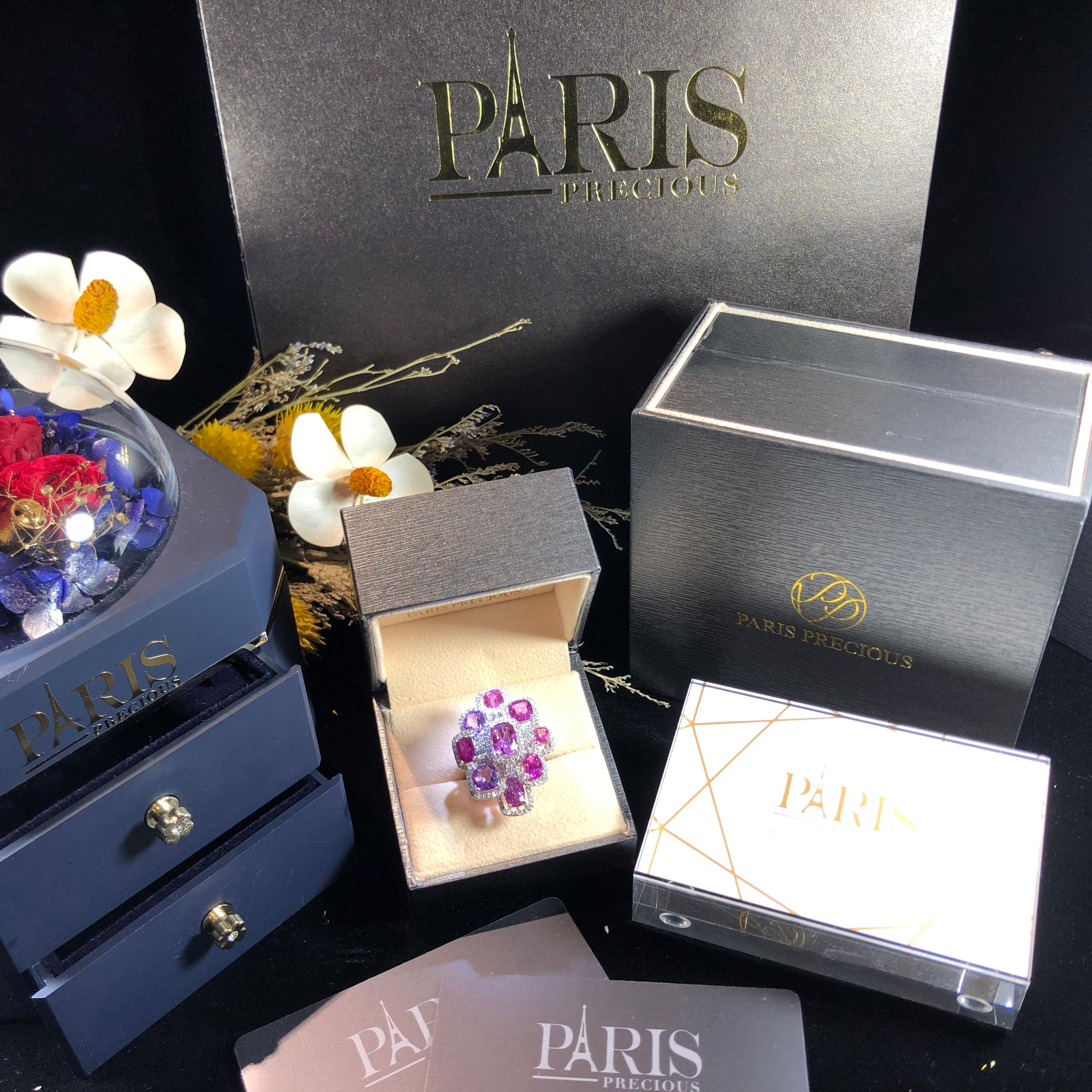 Paris Craft House 11.20 Carat Violet Pink Sapphires Diamond Ring 18 Karat Gold For Sale 4
