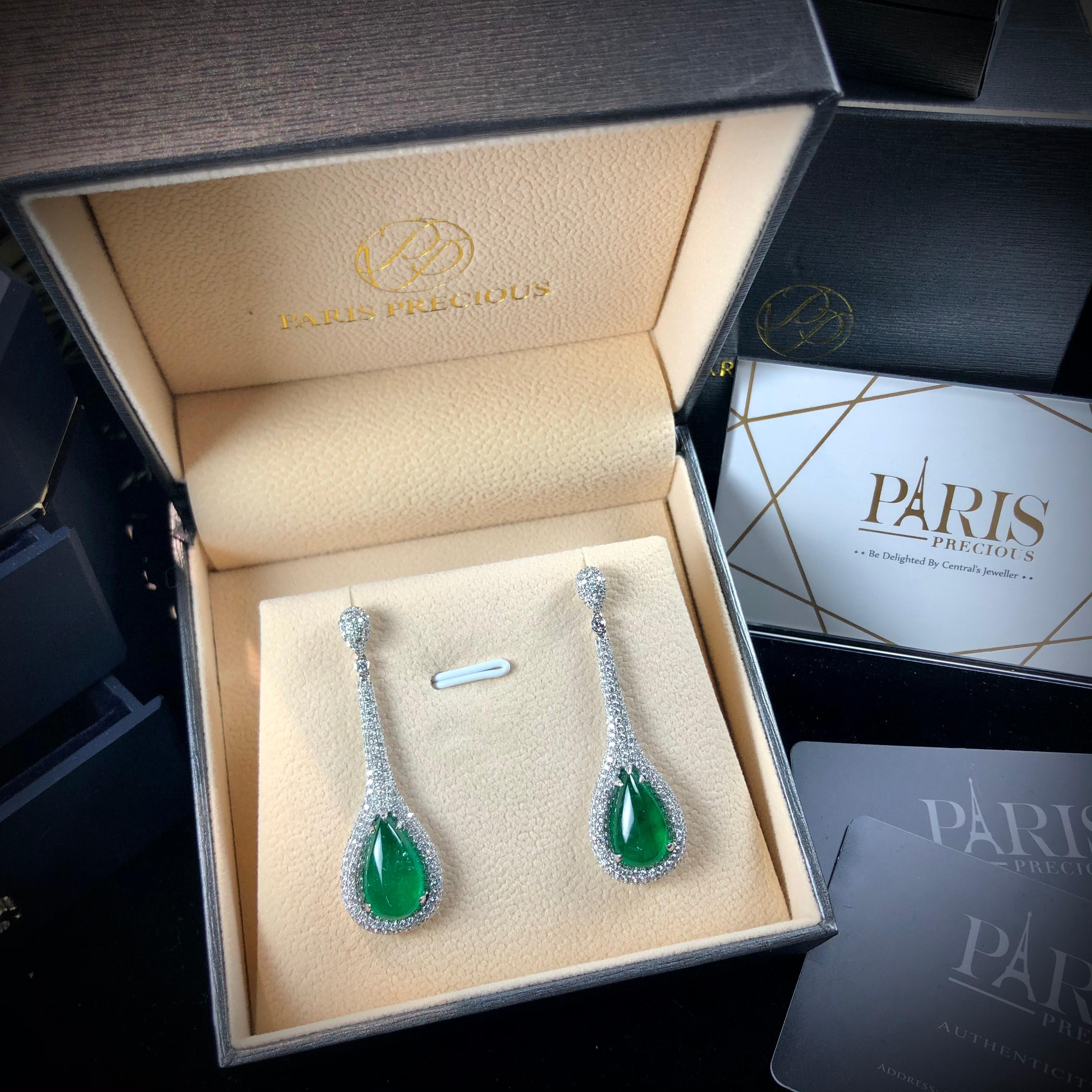 Cabochon Paris Craft House 11.48 Carat Emerald Diamond Earring in 18 Karat White Gold For Sale