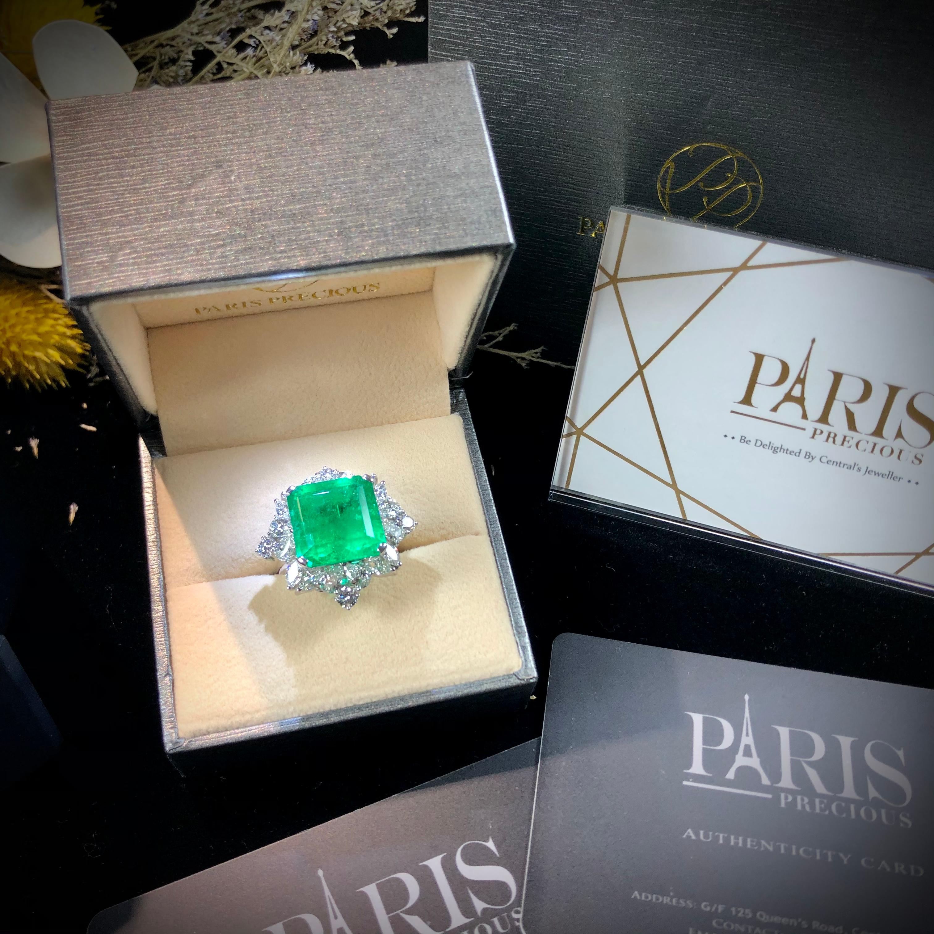 Paris Craft House 12.02 Carat GRS Certified Emerald Diamond Ring in 18K Gold For Sale 5