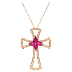 Paris Craft House 1.28ct Ruby Diamond Cross Pendant in 18 Karat Rose Gold