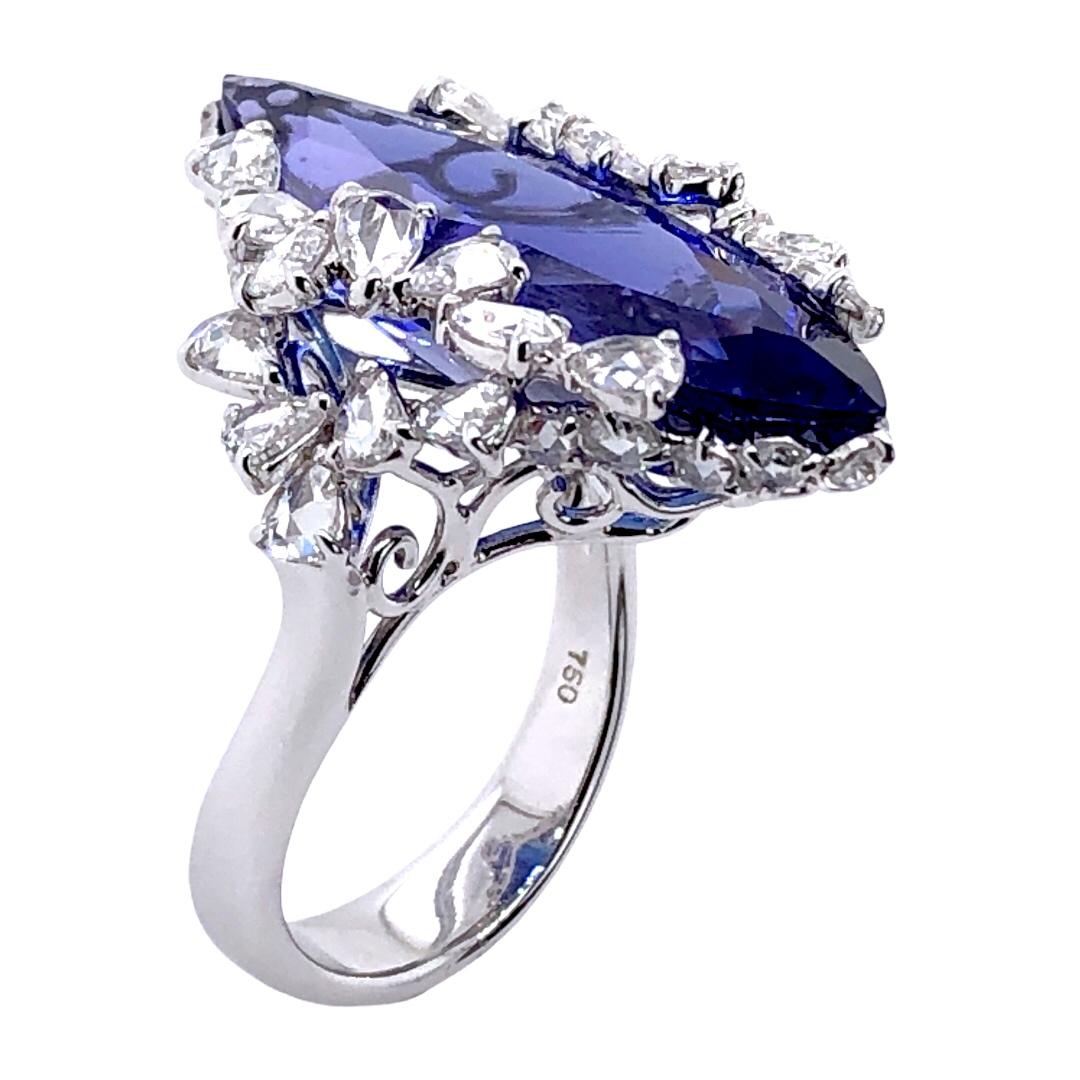 Rose Cut Paris Craft House 12.90 Carat Tanzanite Diamond Ring in 18 Karat White Gold For Sale