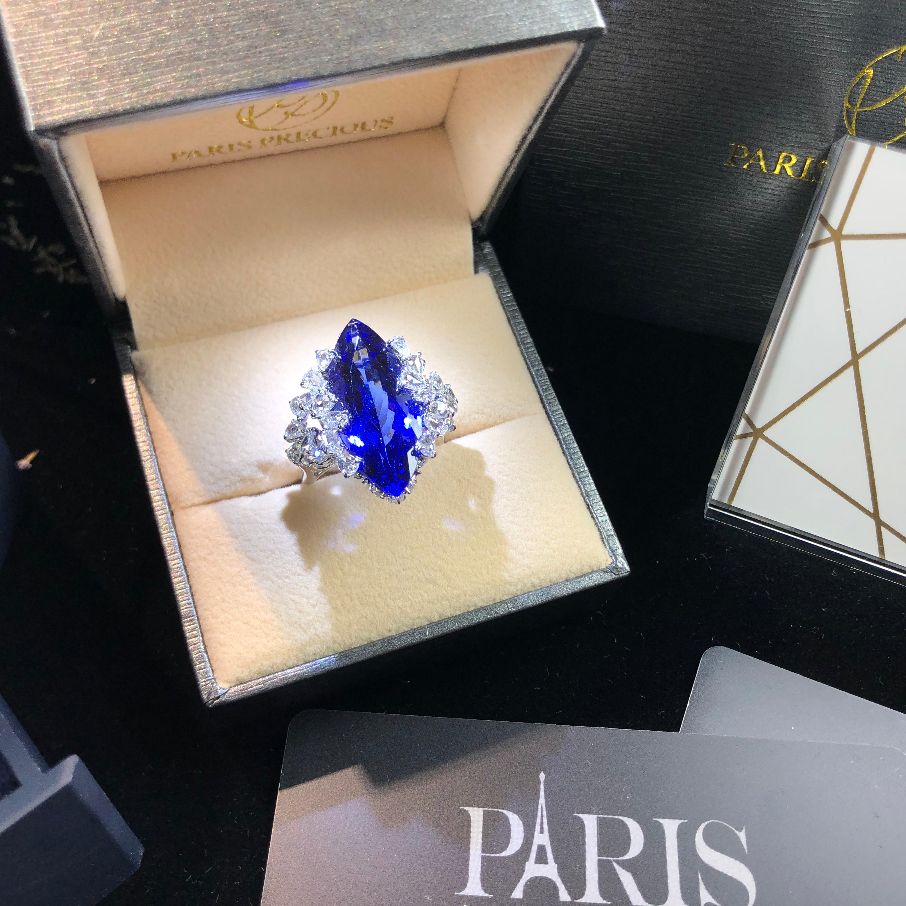 Women's Paris Craft House 12.90 Carat Tanzanite Diamond Ring in 18 Karat White Gold For Sale