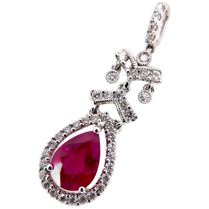 Paris Craft House 1.31 Carat Ruby Diamond Pendant in 18 Karat White Gold For Sale