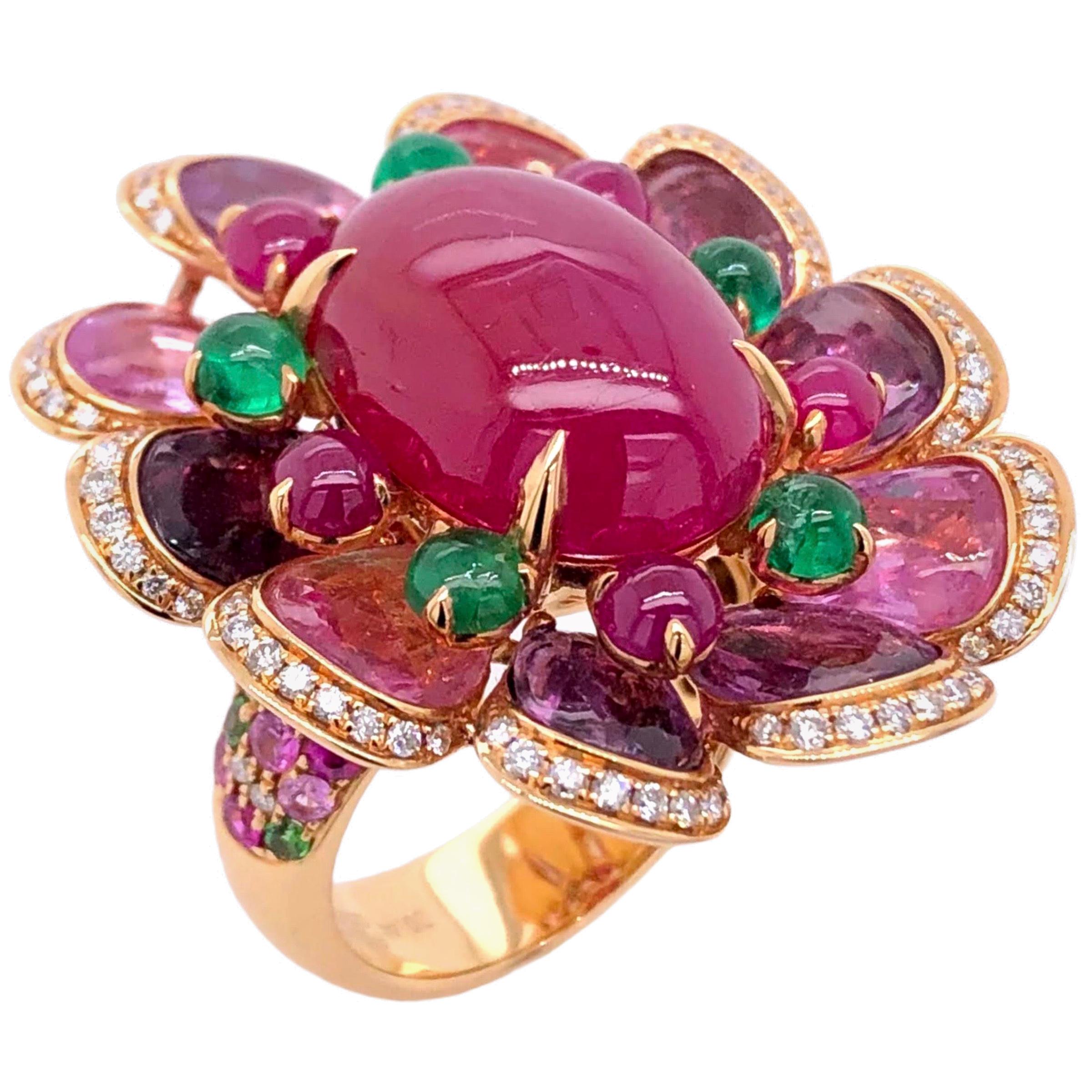 Paris Craft House 13.51 Carat Cabochon Ruby Sapphire Emerald Diamond Flower Ring For Sale