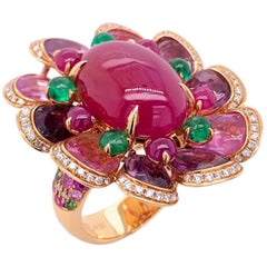 Paris Craft House 13.51 Carat Cabochon Ruby Sapphire Emerald Diamond Flower Ring