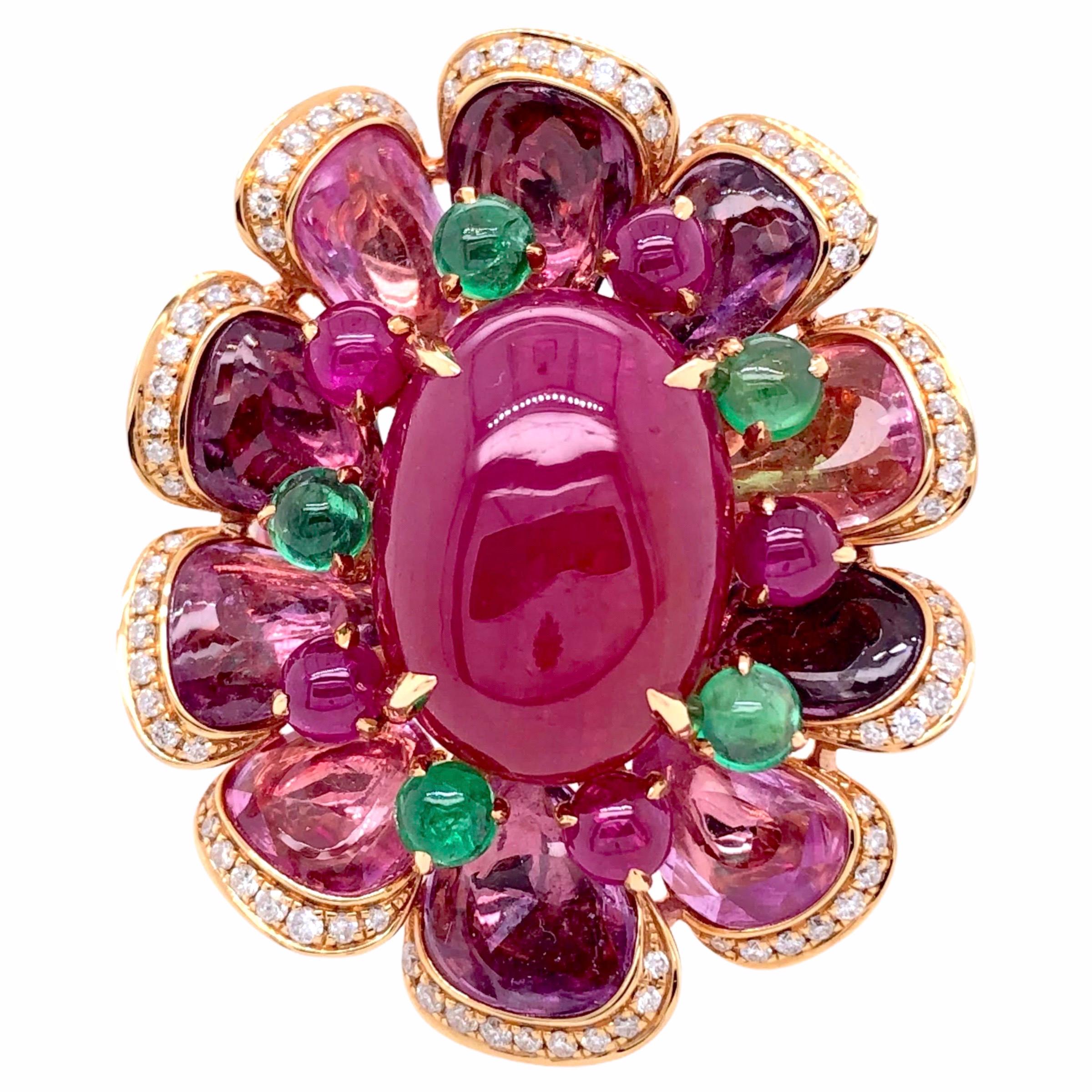PARIS Craft House 13.51ct Cabochon Ruby Sapphire Emerald Diamond Flower Ring in 18 Karat Rose Gold.

- 1 Cabochon Ruby/13.51ct
- 33 Fancy Sapphires/12.07ct
- 5 Cabochon Emeralds/0.98ct
- 8 Green Garnets/0.15ct
- 93 Round Diamonds/0.44ct
- 18K Rose